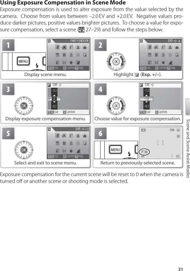 31Scene and Scene Assist ModesUsing Exposure Compensation in Scene ModeExposure compensation is used to alter exposure from the value selected by the camera.  Choose from values between –2.0 EV and +2.0 EV.  Negative values pro-duce darker pictures, positive values brighter pictures.  To choose a value for expo-sure compensation, select a scene (  27–29) and follow the steps below.1Display scene menu.2Highlight   (Exp. +/–).3Display exposure compensation menu.4Choose value for exposure compensation.5Select and exit to scene menu.6Return to previously-selected scene.Exposure compensation for the current scene will be reset to 0 when the camera is turned oﬀ  or another scene or shooting mode is selected.