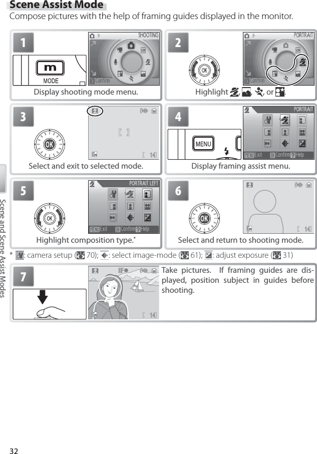 32Scene and Scene Assist ModesScene Assist ModeCompose pictures with the help of framing guides displayed in the monitor.5Highlight composition type. *6Select and return to shooting mode.1Display shooting mode menu.2Highlight  ,  ,  , or  . 3Select and exit to selected mode.7Take pictures.  If framing guides are dis-played, position subject in guides before shooting.*  : camera setup (  70);  : select image-mode (  61);  : adjust exposure (  31)4Display framing assist menu.