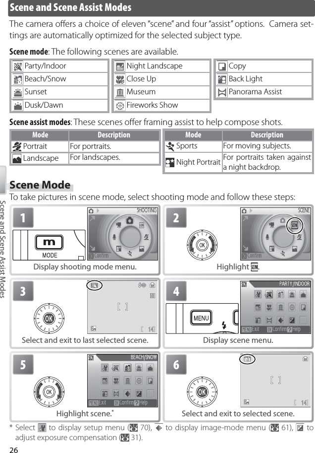 26Scene and Scene Assist ModesScene and Scene Assist ModesThe camera oﬀ ers a choice of eleven “scene” and four “assist” options.  Camera set-tings are automatically optimized for the selected subject type.Scene mode: The following scenes are available.CopyBack LightPanorama AssistNight LandscapeClose UpMuseumFireworks ShowParty/IndoorBeach/SnowSunsetDusk/DawnScene assist modes: These scenes oﬀ er framing assist to help compose shots.Mode DescriptionPortrait For portraits.Landscape For landscapes.Mode DescriptionSports For moving subjects.Night Portrait For portraits taken against a night backdrop.1Display shooting mode menu.2Highlight  .4Display scene menu.3Select and exit to last selected scene.5Highlight scene. *6Select and exit to selected scene.* Select   to  display setup menu (  70),   to display image-mode menu (   61),   to adjust exposure compensation (  31).Scene ModeTo take pictures in scene mode, select shooting mode and follow these steps: