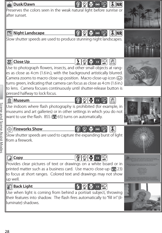 28Scene and Scene Assist Modes  Dusk/DawnDusk/Dawn  OFF OFF OFF OFFPreserves the colors seen in the weak natural light before sunrise or after sunset.  Night LandscapeNight Landscape  OFF OFF OFF OFFSlow shutter speeds are used to produce stunning night landscapes.  Close UpClose Up  AUTO OFF ON AUTOUse to photograph ﬂ owers, insects, and other small objects at rang-es as close as 4 cm (1.6 in.), with the background artistically blurred.  Camera zooms to macro close-up position.  Macro close-up icon ( ) turns green, indicating that camera can focus as close as 4 cm (1.6 in.) to lens.  Camera focuses continuously until shutter-release button is pressed halfway to lock focus.  MuseumMuseum  OFF OFF ON OFFUse indoors where ﬂ ash photography is prohibited (for example, in museums and art galleries) or in other settings in which you do not want to use the ﬂ ash.  BSS (  65) turns on automatically.  Fireworks ShowFireworks Show  OFF OFF OFF OFFSlow shutter speeds are used to capture the expanding burst of light from a ﬁ rework.  CopyCopy  OFF OFF ON AUTOProvides clear pictures of text or drawings on a white board or in printed matter such as a business card.  Use macro close-up (  23) to focus at short ranges.  Colored text and drawings may not show up well.  Back LightBack Light  OFF OFF AUTOUse when light is coming from behind a portrait subject, throwing their features into shadow.  The ﬂ ash ﬁ res automatically to “ﬁ ll in” (il-luminate) shadows.