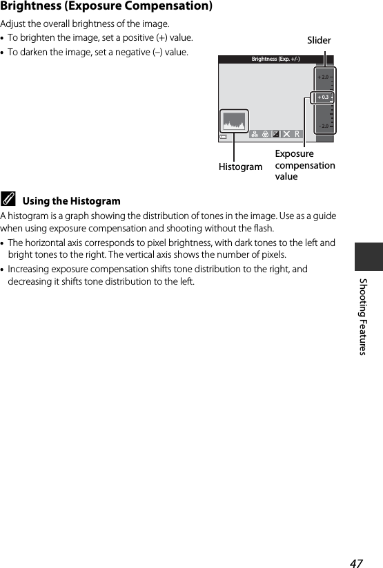 47Shooting FeaturesBrightness (Exposure Compensation)Adjust the overall brightness of the image.•To brighten the image, set a positive (+) value.•To darken the image, set a negative (–) value.CUsing the HistogramA histogram is a graph showing the distribution of tones in the image. Use as a guide when using exposure compensation and shooting without the flash.•The horizontal axis corresponds to pixel brightness, with dark tones to the left and bright tones to the right. The vertical axis shows the number of pixels.•Increasing exposure compensation shifts tone distribution to the right, and decreasing it shifts tone distribution to the left.+ 0.3+ 2.0- 2.0Brightness (Exp. +/-)SliderExposure compensation valueHistogram