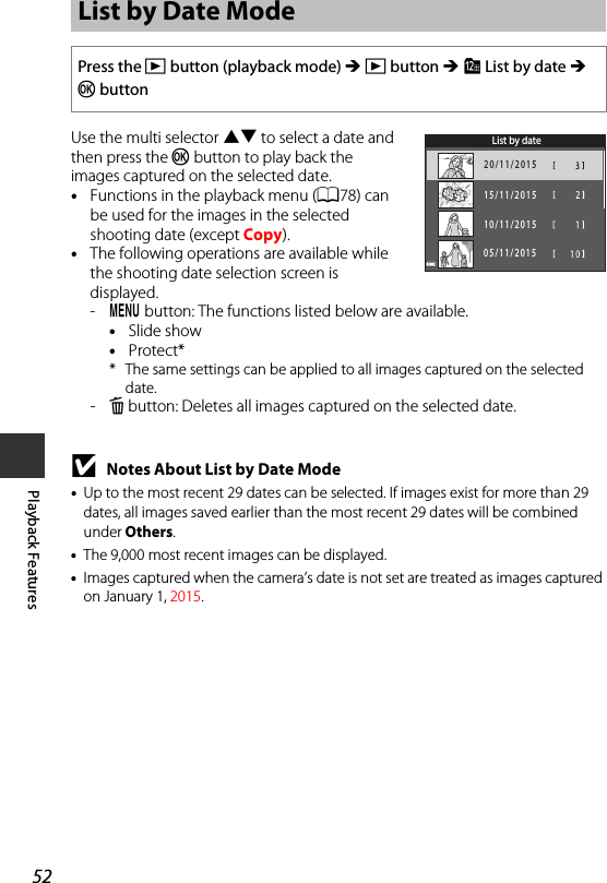 52Playback FeaturesUse the multi selector HI to select a date and then press the k button to play back the images captured on the selected date.•Functions in the playback menu (A78) can be used for the images in the selected shooting date (except Copy).•The following operations are available while the shooting date selection screen is displayed. -d button: The functions listed below are available.•Slide show•Protect** The same settings can be applied to all images captured on the selected date.-l button: Deletes all images captured on the selected date.BNotes About List by Date Mode•Up to the most recent 29 dates can be selected. If images exist for more than 29 dates, all images saved earlier than the most recent 29 dates will be combined under Others.•The 9,000 most recent images can be displayed.•Images captured when the camera’s date is not set are treated as images captured on January 1, 2015.List by Date ModePress the c button (playback mode) M c button M C List by date M k buttonList by date20/11/201515/11/201510/11/201505/11/2015