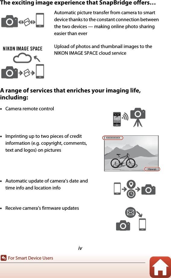 ivFor Smart Device UsersThe exciting image experience that SnapBridge offers…A range of services that enriches your imaging life, including:•Camera remote control•Imprinting up to two pieces of credit information (e.g. copyright, comments, text and logos) on pictures•Automatic update of camera’s date and time info and location info•Receive camera’s firmware updatesAutomatic picture transfer from camera to smart device thanks to the constant connection between the two devices — making online photo sharing easier than everUpload of photos and thumbnail images to the NIKON IMAGE SPACE cloud service