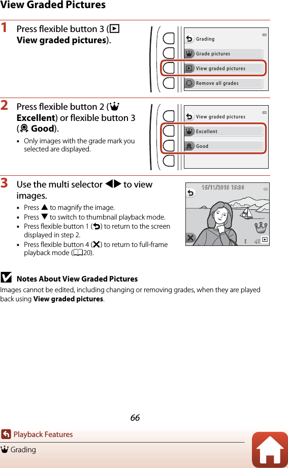 66Playback FeaturesA GradingView Graded Pictures1Press flexible button 3 (B View graded pictures).2Press flexible button 2 (A Excellent) or flexible button 3 (B Good).•Only images with the grade mark you selected are displayed.3Use the multi selector JK to view images.•Press H to magnify the image.•Press I to switch to thumbnail playback mode.•Press flexible button 1 (Q) to return to the screen displayed in step 2.•Press flexible button 4 (S) to return to full-frame playback mode (A20).BNotes About View Graded PicturesImages cannot be edited, including changing or removing grades, when they are played back using View graded pictures.Grade picturesGradingView graded picturesRemove all gradesExcellentView graded picturesGood4415/11/201515/11/201515:3015:30