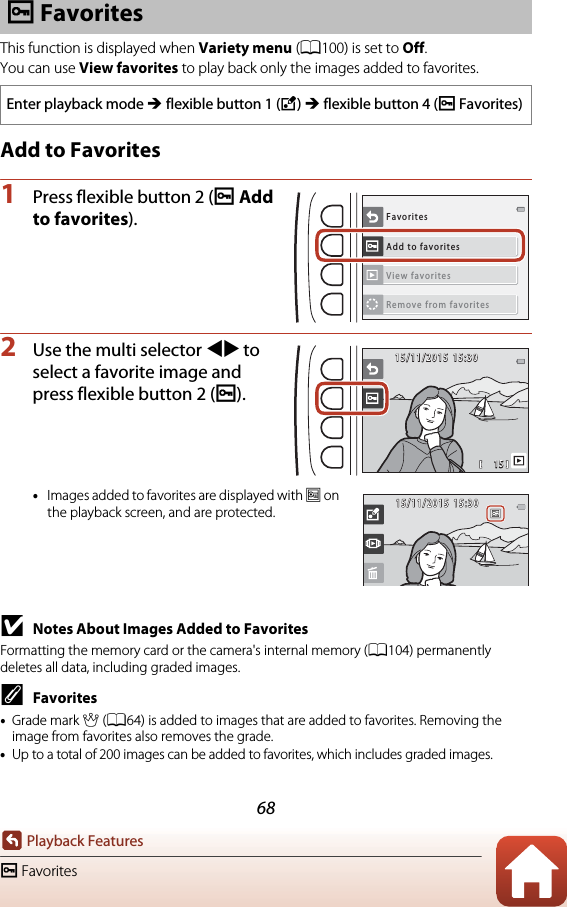 68Playback FeaturesI FavoritesThis function is displayed when Variety menu (A100) is set to Off.You can use View favorites to play back only the images added to favorites.Add to Favorites1Press flexible button 2 (IAdd to favorites).2Use the multi selector JK to select a favorite image and press flexible button 2 (I).•Images added to favorites are displayed with s on the playback screen, and are protected.BNotes About Images Added to FavoritesFormatting the memory card or the camera&apos;s internal memory (A104) permanently deletes all data, including graded images.CFavorites•Grade mark A (A64) is added to images that are added to favorites. Removing the image from favorites also removes the grade.•Up to a total of 200 images can be added to favorites, which includes graded images.I FavoritesEnter playback mode M flexible button 1 (V) M flexible button 4 (IFavorites)Add to favoritesFavoritesView favoritesRemove from favorites1 51515/11/201515/11/201515:3015:3015/11/201515/11/201515:3015:30