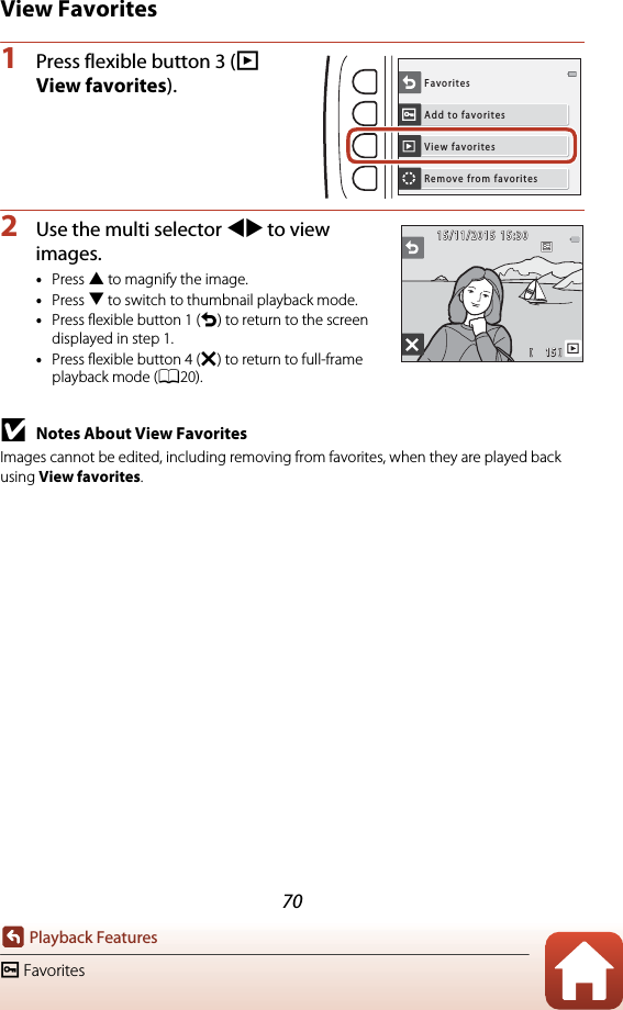 70Playback FeaturesI FavoritesView Favorites1Press flexible button 3 (B View favorites).2Use the multi selector JK to view images.•Press H to magnify the image.•Press I to switch to thumbnail playback mode.•Press flexible button 1 (Q) to return to the screen displayed in step 1.•Press flexible button 4 (S) to return to full-frame playback mode (A20).BNotes About View FavoritesImages cannot be edited, including removing from favorites, when they are played back using View favorites.Add to favoritesFavoritesView favoritesRemove from favorites1 51515/11/201515/11/201515:3015:30