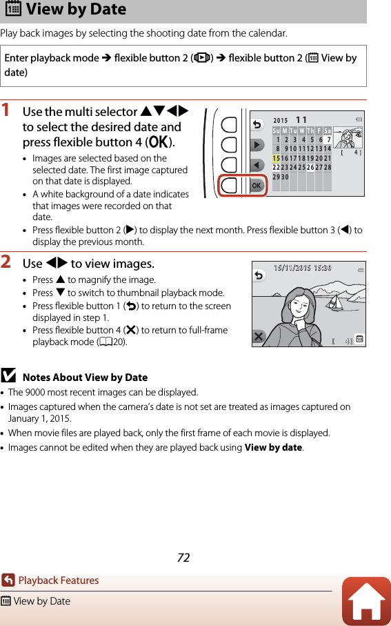 72Playback FeaturesG View by DatePlay back images by selecting the shooting date from the calendar.1Use the multi selector HIJK to select the desired date and press flexible button 4 (O).•Images are selected based on the selected date. The first image captured on that date is displayed.•A white background of a date indicates that images were recorded on that date.•Press flexible button 2 (K) to display the next month. Press flexible button 3 (J) to display the previous month.2Use JK to view images.•Press H to magnify the image.•Press I to switch to thumbnail playback mode.•Press flexible button 1 (Q) to return to the screen displayed in step 1.•Press flexible button 4 (S) to return to full-frame playback mode (A20).BNotes About View by Date•The 9000 most recent images can be displayed.•Images captured when the camera’s date is not set are treated as images captured on January 1, 2015.•When movie files are played back, only the first frame of each movie is displayed.•Images cannot be edited when they are played back using View by date.G View by DateEnter playback mode M flexible button 2 (Z) M flexible button 2 (GView by date)42015Su11MTuWTh F18 19 20 211516 1725 26 27 2822 23 2429 30Sa45671231112 13 1489104415/11/201515/11/201515:3015:30