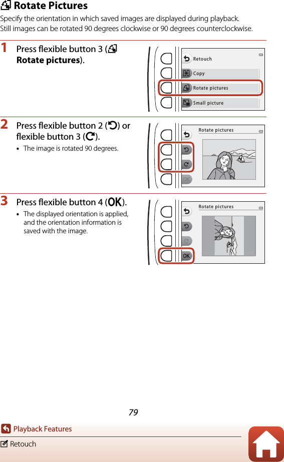 79Playback Featuresy Retouchd Rotate PicturesSpecify the orientation in which saved images are displayed during playback.Still images can be rotated 90 degrees clockwise or 90 degrees counterclockwise.1Press flexible button 3 (d Rotate pictures).2Press flexible button 2 (e) or flexible button 3 (f).•The image is rotated 90 degrees.3Press flexible button 4 (O).•The displayed orientation is applied, and the orientation information is saved with the image.CopyRetouchRotate picturesSmall pictureRotate picturesRotate pictures
