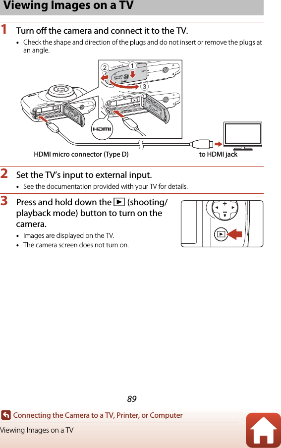 89Connecting the Camera to a TV, Printer, or ComputerViewing Images on a TV1Turn off the camera and connect it to the TV.•Check the shape and direction of the plugs and do not insert or remove the plugs at an angle.2Set the TV’s input to external input.•See the documentation provided with your TV for details.3Press and hold down the c (shooting/playback mode) button to turn on the camera.•Images are displayed on the TV.•The camera screen does not turn on.Viewing Images on a TV312HDMI micro connector (Type D) to HDMI jack