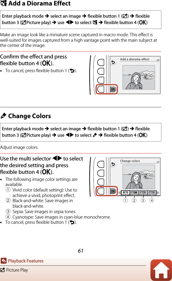 61Playback FeaturesV Picture PlayM Add a Diorama EffectMake an image look like a miniature scene captured in macro mode. This effect is well-suited for images captured from a high vantage point with the main subject at the center of the image.Confirm the effect and press flexible button 4 (O).•To cancel, press flexible button 1 (Q).d Change ColorsAdjust image colors.Use the multi selector JK to select the desired setting and press flexible button 4 (O).•The following image color settings are available.1Vivid color (default setting): Use to achieve a vivid, photoprint effect.2Black-and-white: Save images in black-and-white.3Sepia: Save images in sepia tones.4Cyanotype: Save images in cyan-blue monochrome.•To cancel, press flexible button 1 (Q).Enter playback mode M select an image M flexible button 1 (V) M flexible button 3 (VPicture play) M use JK to select M M flexible button 4 (O)Enter playback mode M select an image M flexible button 1 (V) M flexible button 3 (VPicture play) M use JK to select d M flexible button 4 (O)Add a diorama effectChange colors1342