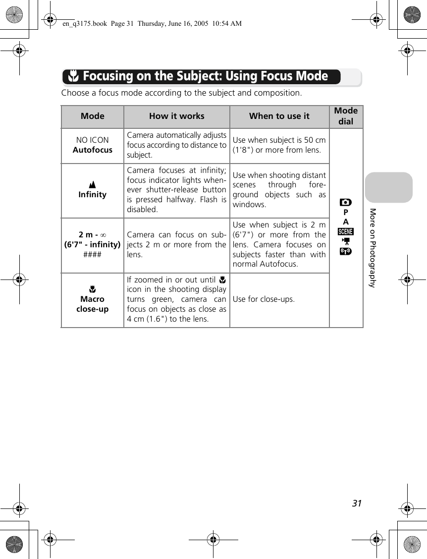 31More on PhotographyF Focusing on the Subject: Using Focus ModeChoose a focus mode according to the subject and composition.Mode How it works When to use it Mode dialNO ICONAutofocusCamera automatically adjustsfocus according to distance tosubject.Use when subject is 50 cm(1&apos;8&quot;) or more from lens.XPAbSYwInfinityCamera focuses at infinity;focus indicator lights when-ever shutter-release buttonis pressed halfway. Flash isdisabled.Use when shooting distantscenes through fore-ground objects such aswindows.2 m - ∞(6&apos;7&quot; - infinity)####Camera can focus on sub-jects 2 m or more from thelens.Use when subject is 2 m(6&apos;7&quot;) or more from thelens. Camera focuses onsubjects faster than withnormal Autofocus.FMacroclose-upIf zoomed in or out until Ficon in the shooting displayturns green, camera canfocus on objects as close as4 cm (1.6&quot;) to the lens.Use for close-ups.en_q3175.book  Page 31  Thursday, June 16, 2005  10:54 AM