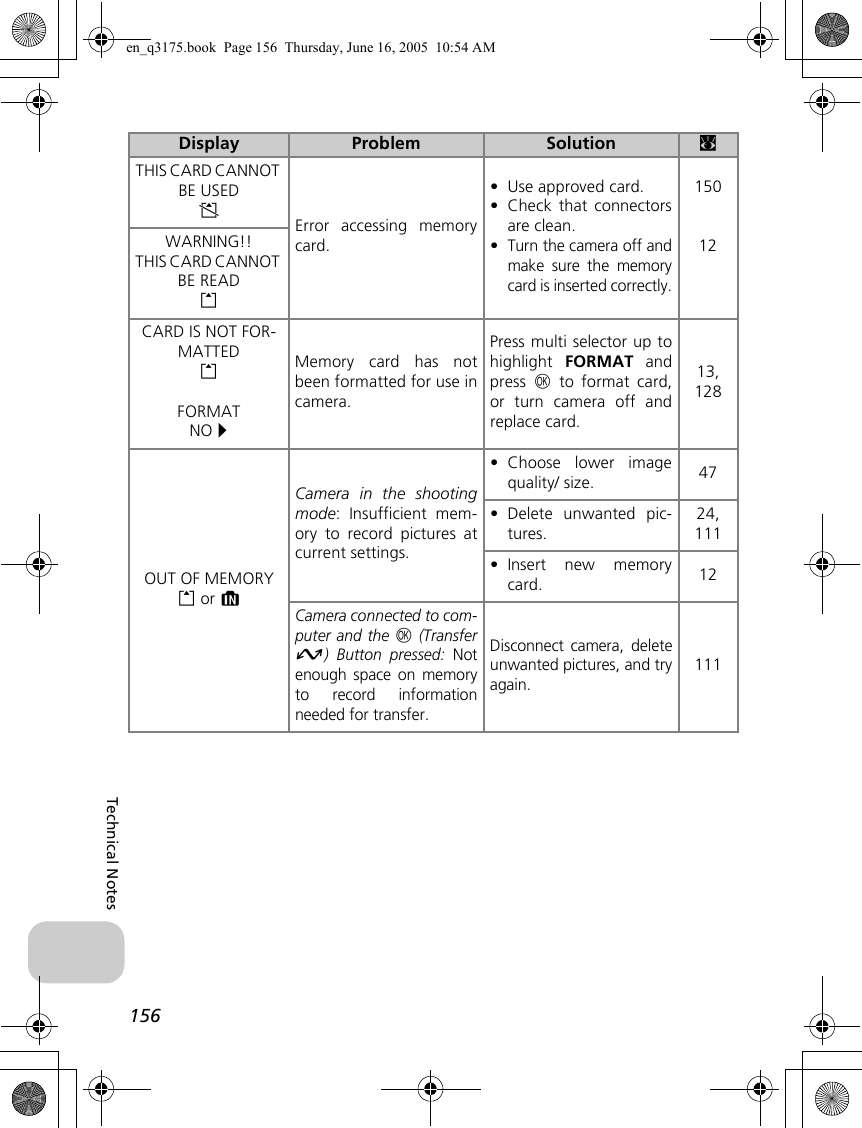 156Technical NotesTHIS CARD CANNOT BE USEDxError accessing memorycard.•Use approved card.•Check that connectorsare clean. •Turn the camera off andmake sure the memorycard is inserted correctly.15012WARNING!!THIS CARD CANNOT BE READOCARD IS NOT FOR-MATTEDOFORMATNO hMemory card has notbeen formatted for use incamera.Press multi selector up tohighlight  FORMAT andpress  d to format card,or turn camera off andreplace card.13, 128OUT OF MEMORYO or MCamera in the shootingmode: Insufficient mem-ory to record pictures atcurrent settings.•Choose lower imagequality/ size. 47 •Delete unwanted pic-tures.24, 111•Insert new memorycard. 12Camera connected to com-puter and the d (TransferE) Button pressed: Notenough space on memoryto record informationneeded for transfer.Disconnect camera, deleteunwanted pictures, and tryagain.111Display Problem Solution cen_q3175.book  Page 156  Thursday, June 16, 2005  10:54 AM