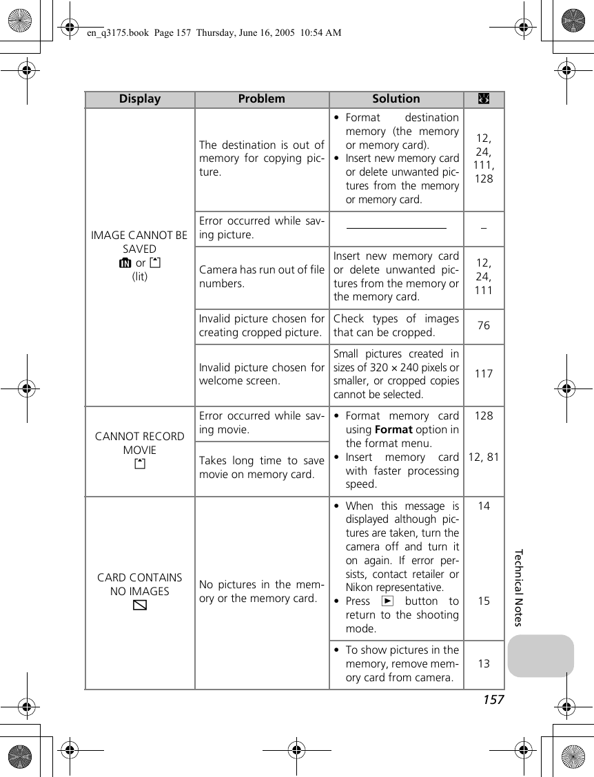157Technical NotesIMAGE CANNOT BE SAVEDM or O(lit)The destination is out ofmemory for copying pic-ture.•Format destinationmemory (the memoryor memory card).•Insert new memory cardor delete unwanted pic-tures from the memoryor memory card.12, 24, 111, 128Error occurred while sav-ing picture. –Camera has run out of filenumbers.Insert new memory cardor delete unwanted pic-tures from the memory orthe memory card.12, 24, 111Invalid picture chosen forcreating cropped picture.Check types of imagesthat can be cropped. 76Invalid picture chosen forwelcome screen.Small pictures created insizes of 320 × 240 pixels orsmaller, or cropped copiescannot be selected.117CANNOT RECORD MOVIEOError occurred while sav-ing movie.•Format memory cardusing Format option inthe format menu.•Insert memory cardwith faster processingspeed.12812, 81Takes long time to savemovie on memory card.CARD CONTAINSNO IMAGESrNo pictures in the mem-ory or the memory card.•When this message isdisplayed although pic-tures are taken, turn thecamera off and turn iton again. If error per-sists, contact retailer orNikon representative.•Press  i button toreturn to the shootingmode.1415•To show pictures in thememory, remove mem-ory card from camera.13Display Problem Solution cen_q3175.book  Page 157  Thursday, June 16, 2005  10:54 AM
