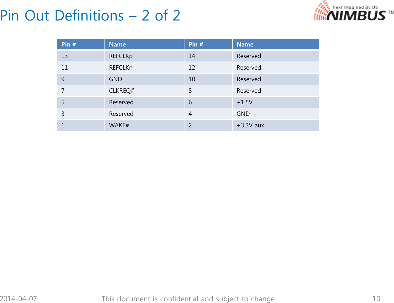 Pin Out Definitions &ndash; 2 of 2Pin # Name Pin # Name13 REFCLKp 14 Reserved11 REFCLKn 12 Reserved9GND 10Reserved7 CLKREQ# 8 Reserved5 Reserved 6 +1.5V3 Reserved 4 GND1 WAKE# 2 +3.3V aux2014-04-07 10This document is confidential and subject to change