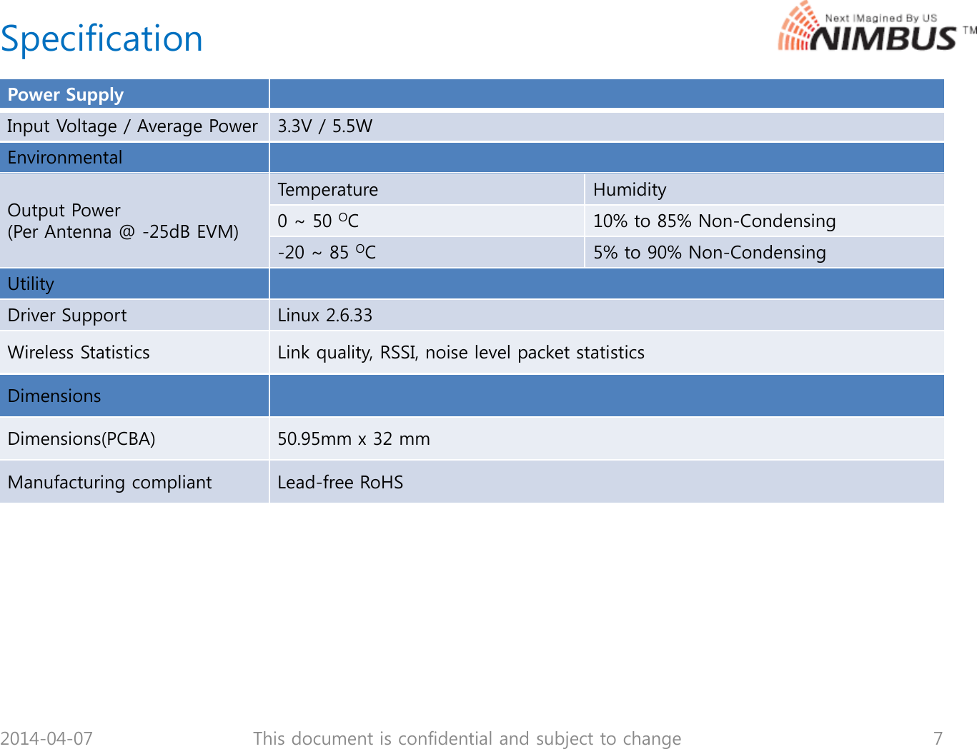SpecificationPower SupplyInput Voltage / Average Power 3.3V / 5.5WEnvironmentalOutput Power (Per Antenna @ -25dB EVM)Temperature Humidity0 ~ 50 OC 10% to 85% Non-Condensing-20 ~ 85 OC 5% to 90% Non-CondensingUtilityDriver Support Linux 2.6.33Wireless Statistics Link quality, RSSI, noise level packet statisticsDimensionsDimensions(PCBA) 50.95mm x 32 mmManufacturing compliant Lead-free RoHS2014-04-07 7This document is confidential and subject to change