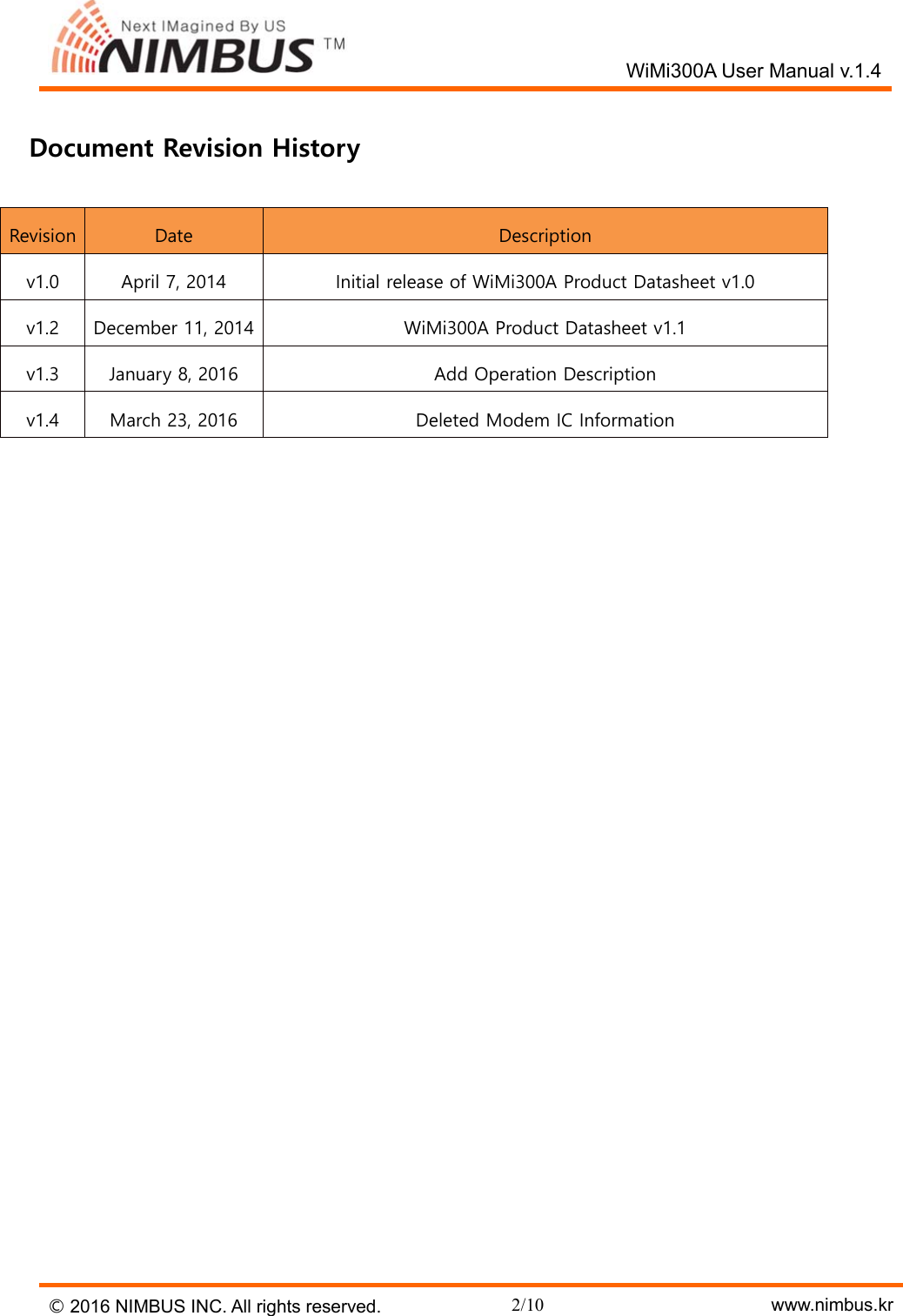   WiMi300A User Manual v.1.4 &copy; 2016 NIMBUS INC. All rights reserved. 2/10    www.nimbus.kr Document Revision History Revision Date Description v1.0 April 7, 2014 Initial release of WiMi300A Product Datasheet v1.0 v1.2 December 11, 2014 WiMi300A Product Datasheet v1.1 v1.3 January 8, 2016 Add Operation Description v1.4 March 23, 2016 Deleted Modem IC Information    