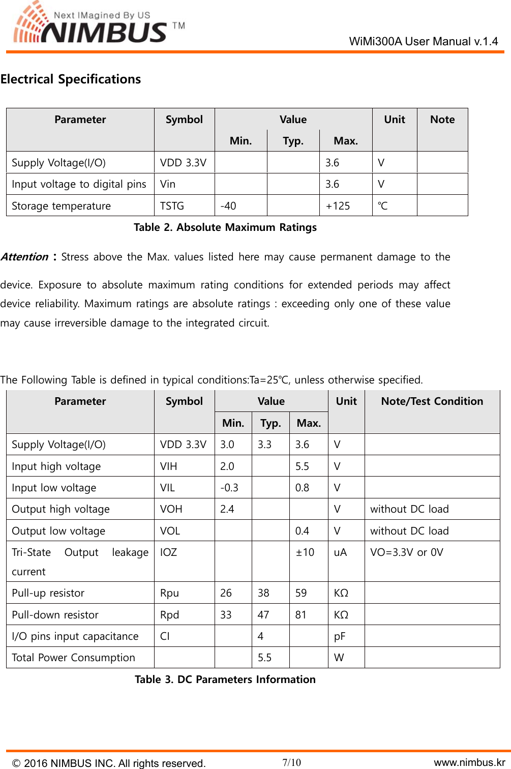   WiMi300A User Manual v.1.4 &copy; 2016 NIMBUS INC. All rights reserved. 7/10    www.nimbus.kr Electrical Specifications  Parameter Symbol Value Unit Note Min. Typ. Max. Supply Voltage(I/O) VDD 3.3V   3.6 V  Input voltage to digital pins Vin   3.6 V  Storage temperature TSTG -40   +125 ℃  Table 2. Absolute Maximum Ratings Attention : Stress above the Max. values listed here may cause permanent damage to the device. Exposure to absolute maximum rating conditions for extended periods may affect device reliability. Maximum ratings are absolute ratings : exceeding only one of these value may cause irreversible damage to the integrated circuit.   The Following Table is defined in typical conditions:Ta=25℃, unless otherwise specified. Parameter Symbol Value Unit Note/Test Condition Min. Typ. Max.Supply Voltage(I/O) VDD 3.3V 3.0 3.3 3.6 V  Input high voltage VIH 2.0  5.5 V  Input low voltage VIL -0.3  0.8 V  Output high voltage VOH 2.4   V without DC load Output low voltage VOL   0.4 V without DC load Tri-State  Output  leakage current IOZ   &plusmn;10 uA VO=3.3V or 0V Pull-up resistor Rpu 26 38 59 K&Omega;  Pull-down resistor Rpd 33 47 81 K&Omega;  I/O pins input capacitance CI  4  pF  Total Power Consumption   5.5  W  Table 3. DC Parameters Information   