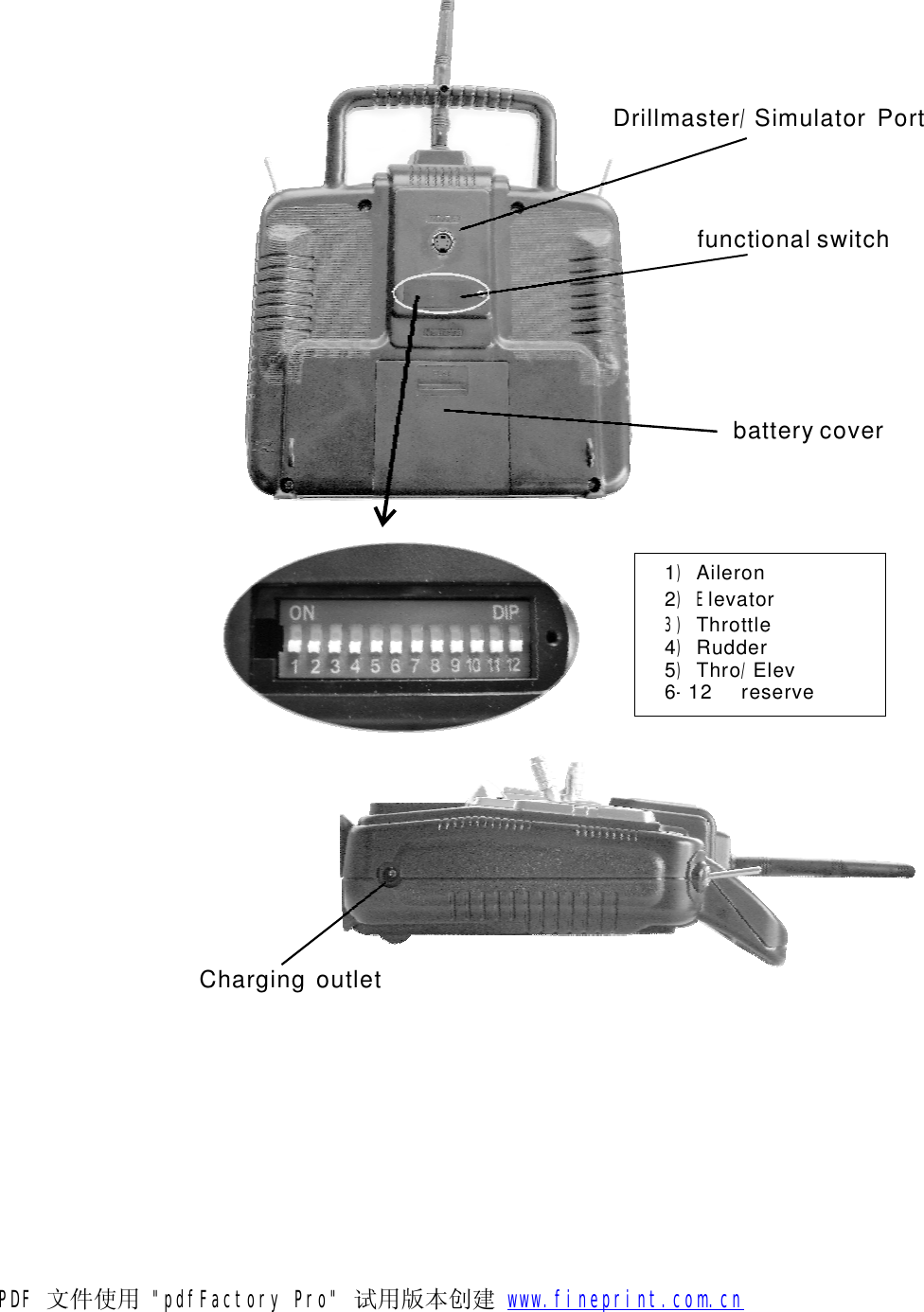 DrillmasterSimulatorPort/batterycoverfunctionalswitchChargingoutlet1Aileron)2levator)E3) Throttle4Rudder)5ThroElev)/612reserve-PDF 文件使用 "pdfFactory Pro" 试用版本创建           www.fineprint.com.cn