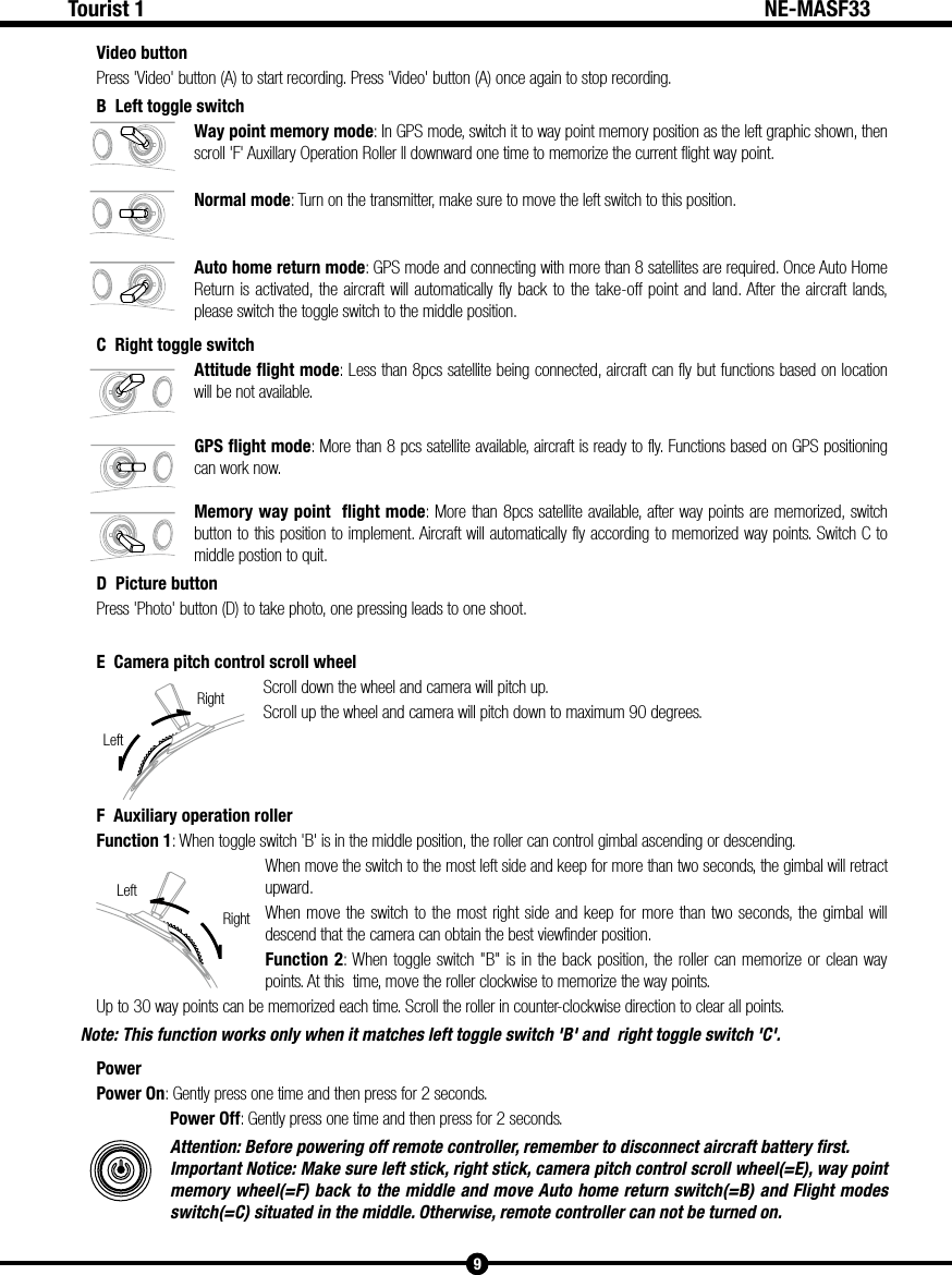 LeftRightLeftRight9Tourist 1 NE-MASF33Video buttonPress 'Video' button (A) to start recording. Press 'Video' button (A) once again to stop recording.B  Left toggle switchWay point memory mode: In GPS mode, switch it to way point memory position as the left graphic shown, then scroll 'F' Auxillary Operation Roller ll downward one time to memorize the current flight way point.Normal mode: Turn on the transmitter, make sure to move the left switch to this position.Auto home return mode: GPS mode and connecting with more than 8 satellites are required. Once Auto Home Return is activated, the aircraft will automatically fly back to the take-off point and land. After the aircraft lands, please switch the toggle switch to the middle position.C  Right toggle switchAttitude flight mode: Less than 8pcs satellite being connected, aircraft can fly but functions based on location will be not available. GPS flight mode: More than 8 pcs satellite available, aircraft is ready to fly. Functions based on GPS positioning can work now. Memory way point  flight mode: More than 8pcs satellite available, after way points are memorized, switch button to this position to implement. Aircraft will automatically fly according to memorized way points. Switch C to middle postion to quit.D  Picture buttonPress 'Photo' button (D) to take photo, one pressing leads to one shoot.E  Camera pitch control scroll wheelScroll down the wheel and camera will pitch up.Scroll up the wheel and camera will pitch down to maximum 90 degrees.F  Auxiliary operation roller Function 1: When toggle switch 'B' is in the middle position, the roller can control gimbal ascending or descending.When move the switch to the most left side and keep for more than two seconds, the gimbal will retract upward.When move the switch to the most right side and keep for more than two seconds, the gimbal will descend that the camera can obtain the best viewfinder position.Function 2: When toggle switch "B" is in the back position, the roller can memorize or clean way points. At this  time, move the roller clockwise to memorize the way points. Up to 30 way points can be memorized each time. Scroll the roller in counter-clockwise direction to clear all points.Note: This function works only when it matches left toggle switch 'B' and  right toggle switch 'C'.PowerPower On: Gently press one time and then press for 2 seconds. Power Off: Gently press one time and then press for 2 seconds. Attention: Before powering off remote controller, remember to disconnect aircraft battery first. Important Notice: Make sure left stick, right stick, camera pitch control scroll wheel(=E), way point memory wheel(=F) back to the middle and move Auto home return switch(=B) and Flight modes switch(=C) situated in the middle. Otherwise, remote controller can not be turned on. 