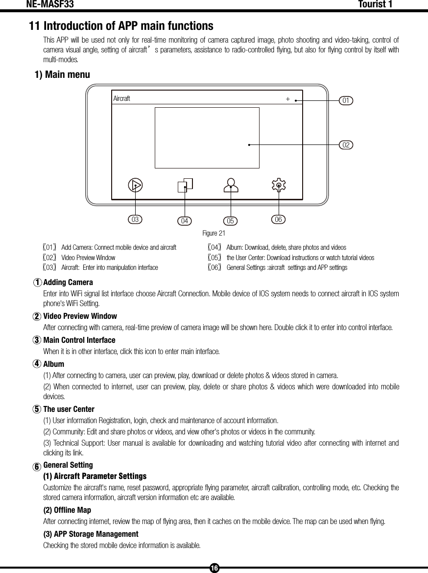 Figure 2104 0503 0601+Aircraft0213452616Tourist 1NE-MASF3311 Introduction of APP main functions This APP will be used not only for real-time monitoring of camera captured image, photo shooting and video-taking, control of camera visual angle, setting of aircraft&rsquo;s parameters, assistance to radio-controlled flying, but also for flying control by itself with multi-modes.1) Main menu〖01〗 Add Camera: Connect mobile device and aircraft 〖04〗 Album: Download, delete, share photos and videos〖02〗 Video Preview Window 〖05〗 the User Center: Download instructions or watch tutorial videos〖03〗 Aircraft:  Enter into manipulation interface 〖06〗 General Settings :aircraft  settings and APP settingsAdding CameraEnter into WiFi signal list interface choose Aircraft Connection. Mobile device of IOS system needs to connect aircraft in IOS system phone's WiFi Setting.Video Preview WindowAfter connecting with camera, real-time preview of camera image will be shown here. Double click it to enter into control interface.Main Control InterfaceWhen it is in other interface, click this icon to enter main interface.Album(1) After connecting to camera, user can preview, play, download or delete photos &amp; videos stored in camera.(2) When connected to internet, user can preview, play, delete or share photos &amp; videos which were downloaded into mobile devices.The user Center(1) User information Registration, login, check and maintenance of account information.(2) Community: Edit and share photos or videos, and view other's photos or videos in the community.(3) Technical Support: User manual is available for downloading and watching tutorial video after connecting with internet and clicking its link.General Setting(1) Aircraft Parameter Settings Customize the aircraft's name, reset password, appropriate flying parameter, aircraft calibration, controlling mode, etc. Checking the stored camera information, aircraft version information etc are available.(2) Offline Map  After connecting internet, review the map of flying area, then it caches on the mobile device. The map can be used when flying. (3) APP Storage Management  Checking the stored mobile device information is available. 