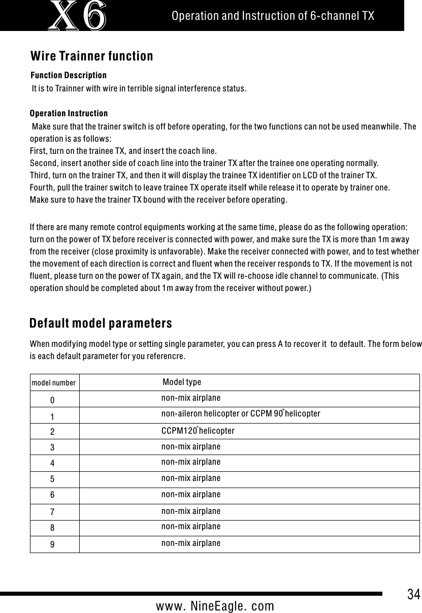 34www.NineEagle.comOperation and Instruction of 6-channel TXX6Wire Trainner functionFunction DescriptionOperation Instruction Make sure that the trainer switch is off before operating, for the two functions can not be used meanwhile. The operation is as follows:First, turn on the trainee TX, and inser t the coach line.Second, inser t another side of coach line into the trainer TX after the trainee one operating normally.Third, turn on the trainer TX, and then it will display the trainee TX identifier on LCD of the trainer TX.Four th, pull the trainer switch to leave trainee TX operate itself while release it to operate by trainer one.Make sure to have the trainer TX bound with the receiver before operating.If there are many remote control equipments working at the same time, please do as the following operation: turn on the power of TX before receiver is connected with power, and make sure the TX is more than 1m away from the receiver (close proximity is unfavorable). Make the receiver connected with power, and to test whether the movement of each direction is correct and fluent when the receiver responds to TX. If the movement is not fluent, please turn on the power of TX again, and the TX will re-choose idle channel to communicate. (This operation should be completed about 1m away from the receiver without power.) It is to Trainner with wire in terrible signal interference status.Default model parameters When modifying model type or setting single parameter, you can press A to recover it  to default. The form below is each default parameter for you referencre.model number Model type012345678non-mix airplanenon-aileron helicopter or CCPM 90 helicopterCCPM120 helicopternon-mix airplanenon-mix airplanenon-mix airplanenon-mix airplanenon-mix airplanenon-mix airplane9non-mix airplane