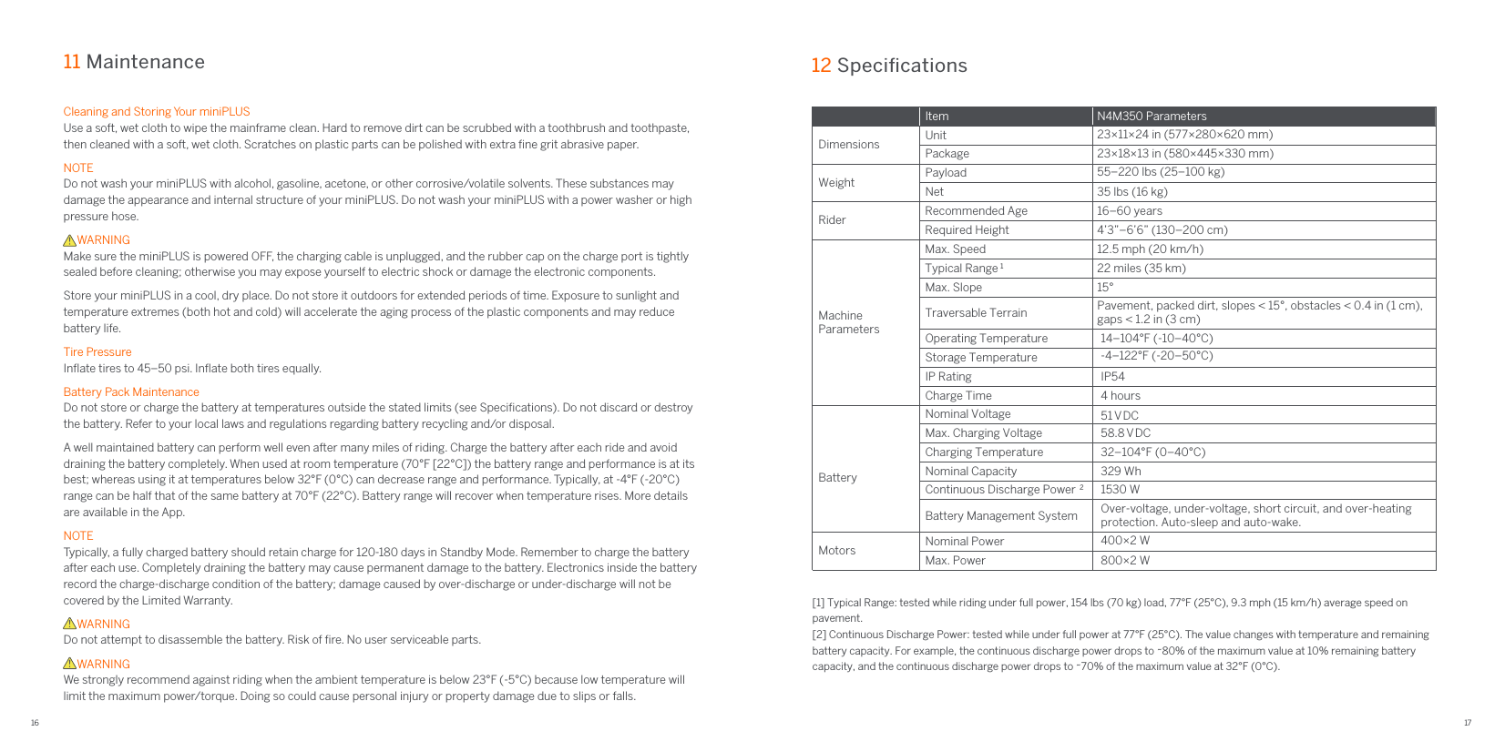16 17Cleaning and Storing Your miniPLUSUse a soft, wet cloth to wipe the mainframe clean. Hard to remove dirt can be scrubbed with a toothbrush and toothpaste, then cleaned with a soft, wet cloth. Scratches on plastic parts can be polished with extra ﬁne grit abrasive paper.NOTEDo not wash your miniPLUS with alcohol, gasoline, acetone, or other corrosive/volatile solvents. These substances may damage the appearance and internal structure of your miniPLUS. Do not wash your miniPLUS with a power washer or high pressure hose.     WARNINGMake sure the miniPLUS is powered OFF, the charging cable is unplugged, and the rubber cap on the charge port is tightly sealed before cleaning; otherwise you may expose yourself to electric shock or damage the electronic components.Store your miniPLUS in a cool, dry place. Do not store it outdoors for extended periods of time. Exposure to sunlight and temperature extremes (both hot and cold) will accelerate the aging process of the plastic components and may reduce battery life.Tire PressureInﬂate tires to 45–50 psi. Inﬂate both tires equally.Battery Pack MaintenanceDo not store or charge the battery at temperatures outside the stated limits (see Speciﬁcations). Do not discard or destroy the battery. Refer to your local laws and regulations regarding battery recycling and/or disposal.A well maintained battery can perform well even after many miles of riding. Charge the battery after each ride and avoid draining the battery completely. When used at room temperature (70°F [22°C]) the battery range and performance is at its best; whereas using it at temperatures below 32°F (0°C) can decrease range and performance. Typically, at -4°F (-20°C) range can be half that of the same battery at 70°F (22°C). Battery range will recover when temperature rises. More details are available in the App.NOTETypically, a fully charged battery should retain charge for 120-180 days in Standby Mode. Remember to charge the battery after each use. Completely draining the battery may cause permanent damage to the battery. Electronics inside the battery record the charge-discharge condition of the battery; damage caused by over-discharge or under-discharge will not be covered by the Limited Warranty.     WARNINGDo not attempt to disassemble the battery. Risk of ﬁre. No user serviceable parts.     WARNINGWe strongly recommend against riding when the ambient temperature is below 23°F (-5°C) because low temperature will limit the maximum power/torque. Doing so could cause personal injury or property damage due to slips or falls.11 Maintenance 12 Speciﬁcations[1] Typical Range: tested while riding under full power, 154 lbs (70 kg) load, 77°F (25°C), 9.3 mph (15 km/h) average speed on pavement.[2] Continuous Discharge Power: tested while under full power at 77°F (25°C). The value changes with temperature and remaining battery capacity. For example, the continuous discharge power drops to ~80% of the maximum value at 10% remaining battery capacity, and the continuous discharge power drops to ~70% of the maximum value at 32°F (0°C). Item N4M350 ParametersDimensions Unit 35 lbs (16 kg)22 miles (35 km)15°4’3”–6’6” (130–200 cm)12.5 mph (20 km/h)PackageWeight PayloadNetRider  Recommended AgeRequired HeightMachine ParametersMax. SpeedTypical Range 1Max. SlopeBatteryMotorsCharge Time23×11×24 in (577×280×620 mm)55–220 lbs (25–100 kg)16–60 years23×18×13 in (580×445×330 mm)Pavement, packed dirt, slopes &lt; 15°, obstacles &lt; 0.4 in (1 cm),gaps &lt; 1.2 in (3 cm)Traversable TerrainOperating TemperatureStorage TemperatureIP RatingNominal VoltageMax. Charging VoltageCharging TemperatureNominal CapacityContinuous Discharge Power 2Battery Management SystemNominal PowerMax. Power14–104°F (-10–40°C)-4–122°F (-20–50°C)IP5432–104°F (0–40°C)51 V DC58.8 V DC329 Wh1530 WOver-voltage, under-voltage, short circuit, and over-heatingprotection. Auto-sleep and auto-wake.800×2 W400×2 W4 hours
