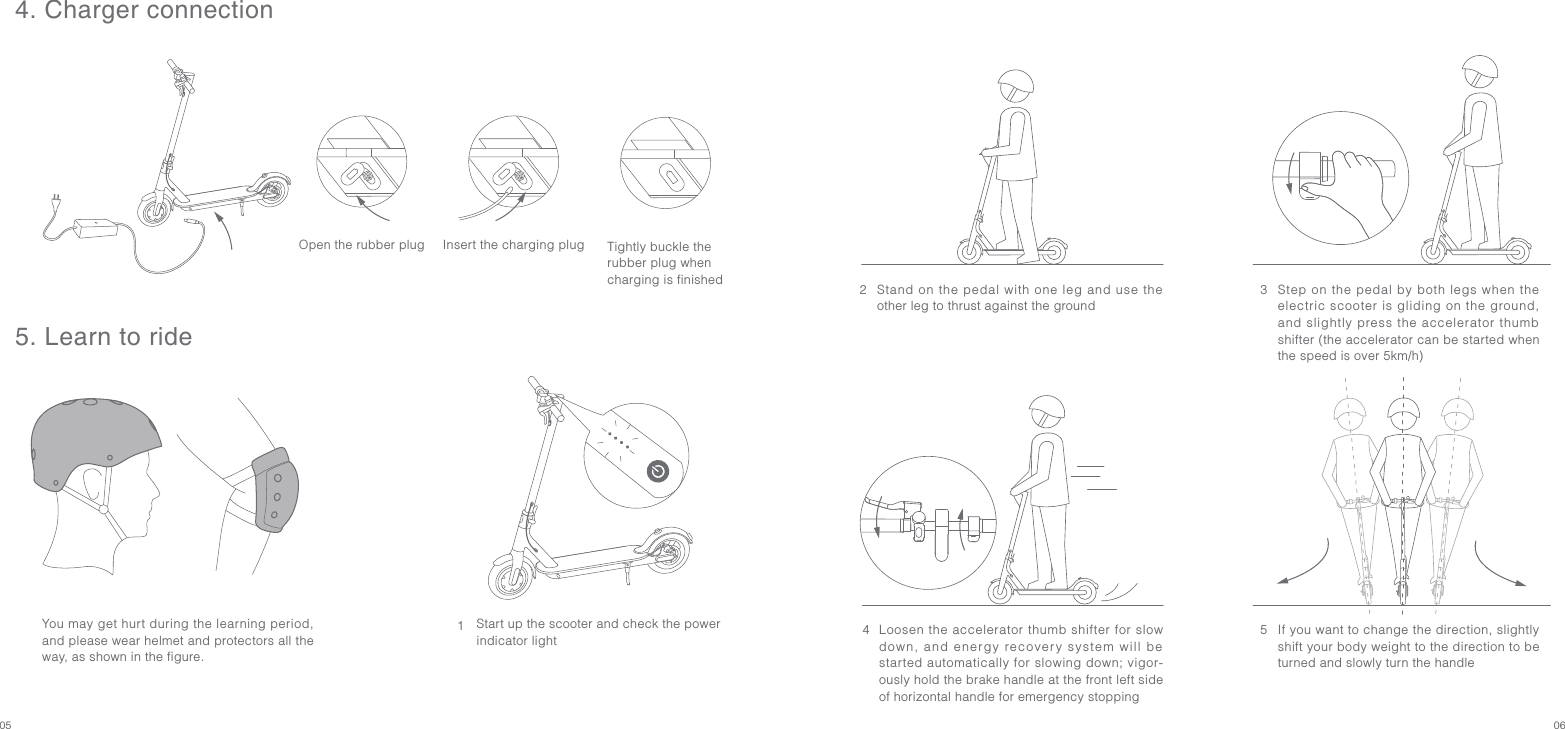 05 06Step on the pedal by both legs when the electric scooter is gliding on the ground, and slightly press the accelerator thumb shifter (the accelerator can be started when the speed is over 5km/h)3If you want to change the direction, slightly shift your body weight to the direction to be turned and slowly turn the handle5Loosen the accelerator thumb shifter for slow down, and energy recovery system will be started automatically for slowing down; vigor-ously hold the brake handle at the front left side of horizontal handle for emergency stopping4Stand on the pedal with one leg and use the other leg to thrust against the ground24. Charger connection5. Learn to rideYou may get hurt during the learning period, and please wear helmet and protectors all the way, as shown in the figure.Open the rubber plugInsert the charging plug Tightly buckle the rubber plug when charging is finishedStart up the scooter and check the power indicator light1