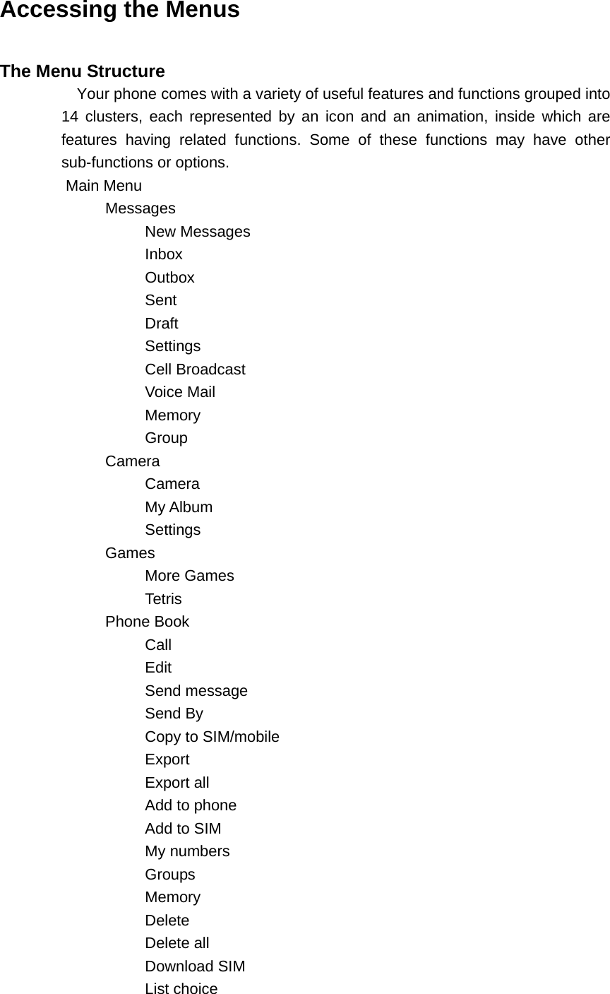 Accessing the Menus  The Menu Structure Your phone comes with a variety of useful features and functions grouped into 14 clusters, each represented by an icon and an animation, inside which are features having related functions. Some of these functions may have other sub-functions or options.   Main Menu Messages New Messages Inbox Outbox Sent Draft Settings Cell Broadcast Voice Mail Memory Group Camera Camera My Album Settings Games More Games Tetris Phone Book Call Edit Send message Send By Copy to SIM/mobile Export Export all Add to phone Add to SIM My numbers Groups Memory Delete Delete all Download SIM List choice 