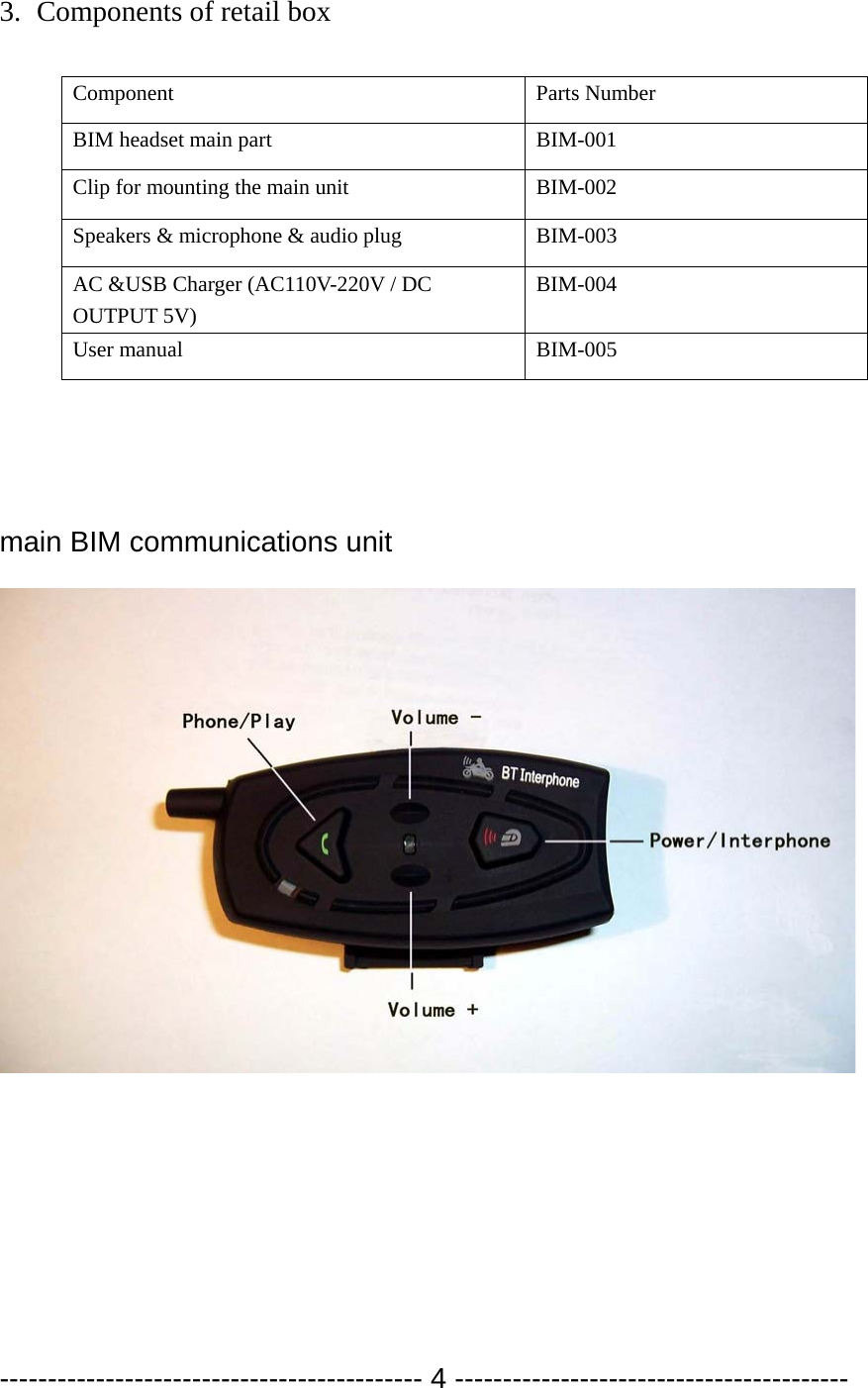 3. Components of retail box  Component Parts Number BIM headset main part  BIM-001 Clip for mounting the main unit  BIM-002 Speakers &amp; microphone &amp; audio plug  BIM-003 AC &amp;USB Charger (AC110V-220V / DC OUTPUT 5V) BIM-004 User manual  BIM-005   main BIM communications unit        -------------------------------------------- 4 ----------------------------------------- 