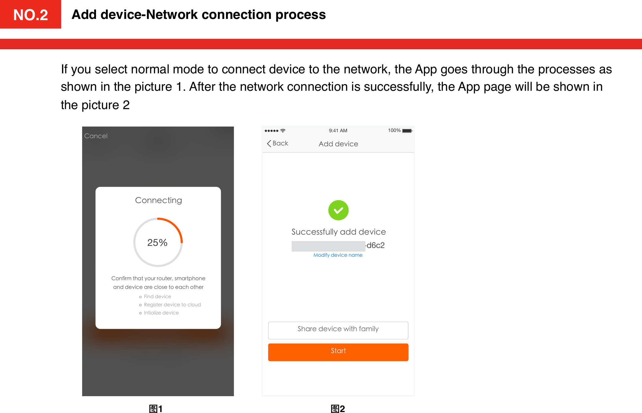 NO.2If you select normal mode to connect device to the network, the App goes through the processes as shown in the picture 1. After the network connection is successfully, the App page will be shown in the picture 2图1图2Add device-Network connection processᦡᗝ०ᨳ҅ັଆۗ౯૪ೲ᧔กᦡᗝঅԧള᭗ኪრᳩೲ֖॔Ძᑁፗᛗ೰ᐏᅌளᳬ9:41 AM 100%ᬬࢧ Ⴒےᦡ॓  , ,,,,,,,,,25%9:41 AM 100% HJB smart wiﬁ plug-d6c2NO.2