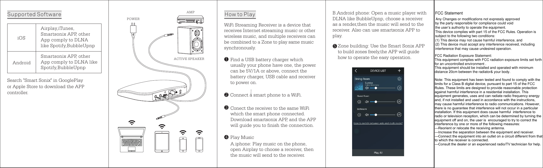 iOSAirplay,iTunes,Smartsonix APP, other App comply to DLNA like Spotify,BubbleUpnpAndroidSmartsonix APP, other App comply to DLNA like Spotify,BubbleUpnpB.Android phone Open a music player with DLNA like BubbleUpnp, choose a receiver as a render,then the music will send to the receiver. Also can use smartsonix APP to play.: Zone building Use the Smart Sonix APP to build zones freely,the APP will guide how to operate the easy operation.: Search "Smart Sonix" in GooglePlay or Apple Store to download the APP controller. Supported Software5WiFi Streaming Receiver is a device thatreceives Internet streaming music or other wireless music, and multiple receivers can be combined to a Zone to play same music synchronously.Find a USB battery charger which usually your phone have one, the power can be 5V/1A or above, connect the battery charger, USB cable and receiver to power on.Connect a smart phone to a WiFi.Conect the receiver to the same WiFi which the smart phone connected.Download smartsonix APP, and the APP will guide you to finish the connection.Play MusicA.iphone Play music on the phone, open Airplay to choose a receiver, then the music will send to the receiver. : 1324How to PlayPOWERAMPACTIVE SPEAKERFCC Statement Any Changes or modifications not expressly approvedby the party responsible for compliance could void the user&rsquo;s authority to operate the equipment.This device complies with part 15 of the FCC Rules. Operation is subject to the following two conditions:(1) This device may not cause harmful interference, and  (2) This device must accept any interference received, including interference that may cause undesired operation.    FCC Radiation Exposure Statement: This equipment complies with FCC radiation exposure limits set forth for an uncontrolled environment .This equipment should be installed and operated with minimum distance 20cm between the radiator&amp; your body.Note: This equipment has been tested and found to comply with the limits for a Class B digital device, pursuant to part 15 of the FCC Rules. These limits are designed to provide reasonable protection against harmful interference in a residential installation. This equipment generates, uses and can radiate radio frequency energy and, if not installed and used in accordance with the instructions, may cause harmful interference to radio communications. However,  there is no guarantee that interference will not occur in a particular installation. If this equipment does cause harmful  interference to radio or television reception, which can be determined by turning the equipment off and on, the user is  encouraged to try to correct the interference by one or more of the following measures:   &mdash;Reorient or relocate the receiving antenna.&mdash;Increase the separation between the equipment and receiver.&mdash;Connect the equipment into an outlet on a circuit different from that to which the receiver is connected.   &mdash;Consult the dealer or an experienced radio/TV technician for help.  