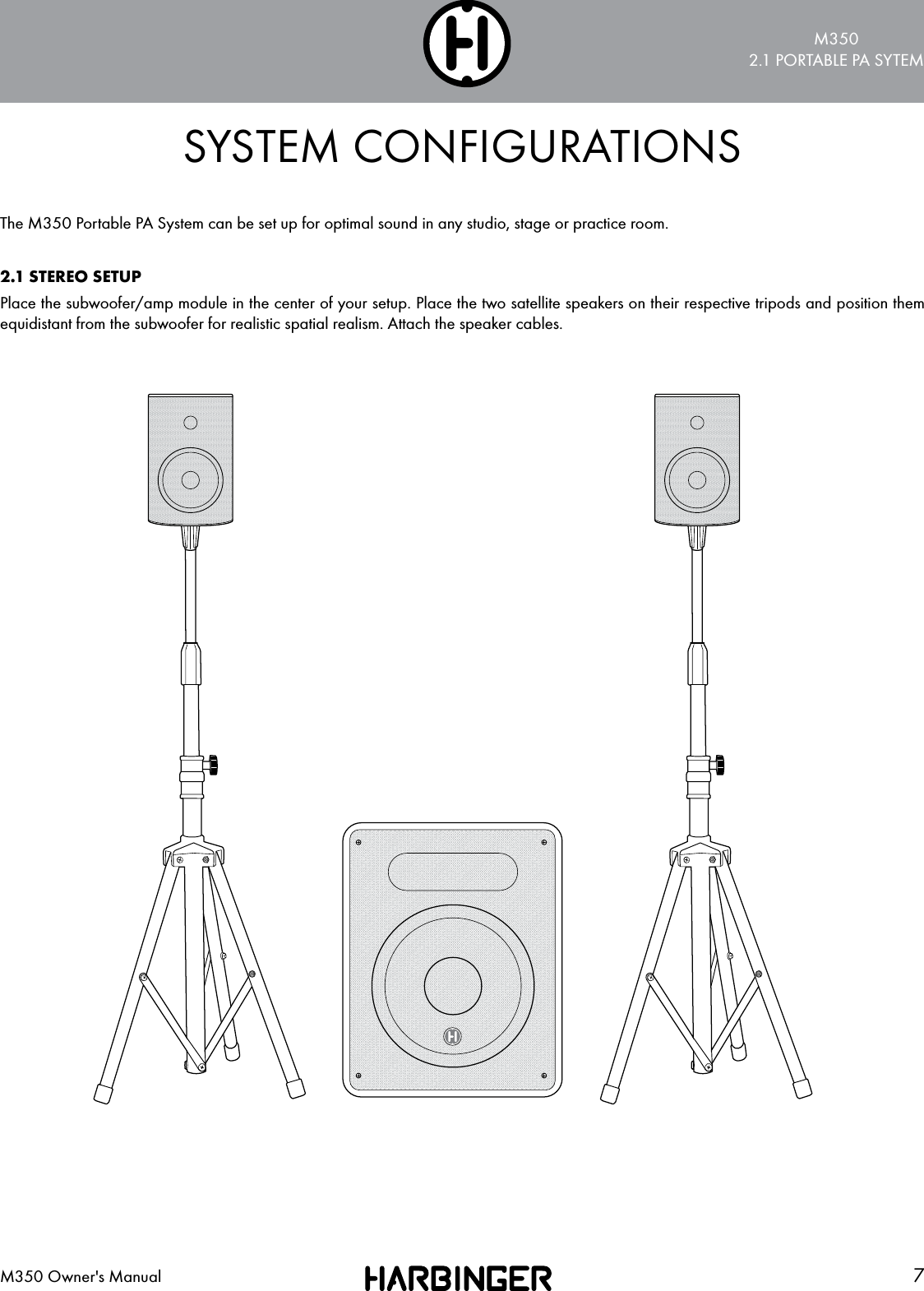 M3502.1 PORTABLE PA SYTEM7M350 Owner's ManualSYSTEM CONFIGURATIONSThe M350 Portable PA System can be set up for optimal sound in any studio, stage or practice room.2.1 STEREO SETUPPlace the subwoofer/amp module in the center of your setup. Place the two satellite speakers on their respective tripods and position them equidistant from the subwoofer for realistic spatial realism. Attach the speaker cables.