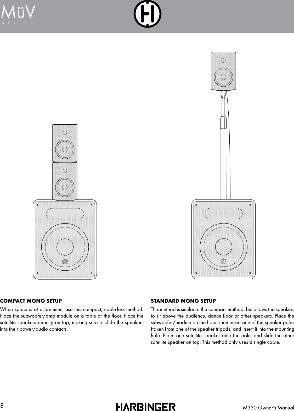 8M350 Owner's ManualSERIESMuV&uml;COMPACT MONO SETUPWhen space is at a premium, use this compact, cable-less method. Place the subwoofer/amp module on a table or the ﬂoor. Place the satellite speakers directly on top, making sure to slide the speakers into their power/audio contacts.STANDARD MONO SETUPThis method is similar to the compact method, but allows the speakers to sit above the audience, dance ﬂoor or other speakers. Place the subwoofer/module on the ﬂoor, then insert one of the speaker poles (taken from one of the speaker tripods) and insert it into the mounting hole. Place one satellite speaker onto the pole, and slide the other satellite speaker on top. This method only uses a single cable.