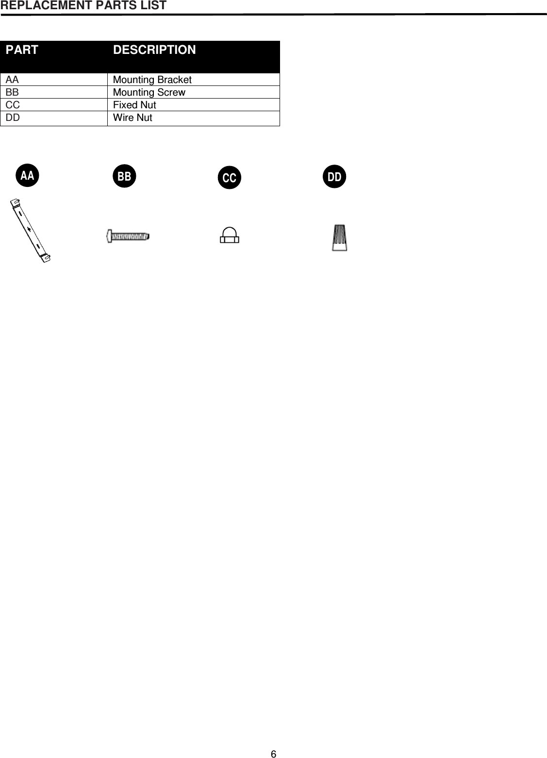 6  REPLACEMENT PARTS LIST                    PART  DESCRIPTION  AA  Mounting Bracket BB  Mounting Screw   CC  Fixed Nut DD  Wire Nut AA BB CC DD 