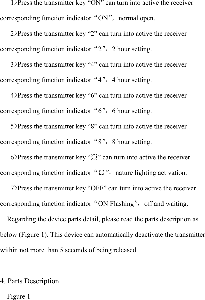 1&gt;Press the transmitter key “ON” can turn into active the receiver corresponding function indicator“ON”，normal open. 2&gt;Press the transmitter key “2” can turn into active the receiver corresponding function indicator“2”，2 hour setting. 3&gt;Press the transmitter key “4” can turn into active the receiver corresponding function indicator“4”，4 hour setting. 4&gt;Press the transmitter key “6” can turn into active the receiver corresponding function indicator“6”，6 hour setting. 5&gt;Press the transmitter key “8” can turn into active the receiver corresponding function indicator“8”，8 hour setting. 6&gt;Press the transmitter key “¤” can turn into active the receiver corresponding function indicator“¤”，nature lighting activation. 7&gt;Press the transmitter key “OFF” can turn into active the receiver corresponding function indicator“ON Flashing”，off and waiting. Regarding the device parts detail, please read the parts description as below (Figure 1). This device can automatically deactivate the transmitter within not more than 5 seconds of being released.  4. Parts Description   Figure 1 