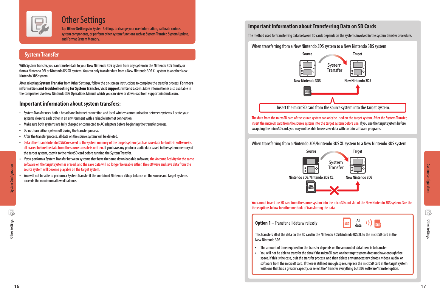 16 17Other SettingsOther SettingsOther SettingsTap Other Settings in System Settings to change your user information, calibrate various system components, or perform other system functions such as System Transfer, System Update, and Format System Memory.Important Information about Transferring Data on SD CardsThe method used for transferring data between SD cards depends on the systems involved in the system transfer procedure.When transferring from a New Nintendo 3DS system to a New Nintendo 3DS systemSourceNew Nintendo 3DS New Nintendo 3DSTargetSystem TransferInsert the microSD card from the source system into the target system.The data from the microSD card of the source system can only be used on the target system. After the System Transfer, insert the microSD card from the source system into the target system before use. If you use the target system before swapping the microSD card, you may not be able to use save data with certain software programs.When transferring from a Nintendo 3DS/Nintendo 3DS XL system to a New Nintendo 3DS systemSourceNintendo 3DS/Nintendo 3DS XL New Nintendo 3DSTargetSystem TransferYou cannot insert the SD card from the source system into the microSD card slot of the New Nintendo 3DS system. See the three options below for other methods of transferring the data.Option 1 – Transfer all data wirelesslyThis transfers all of the data on the SD card in the Nintendo 3DS/Nintendo3DS XL to the microSD card in the New Nintendo 3DS. •The amount of time required for the transfer depends on the amount of data there is to transfer. •You will not be able to transfer the data if the microSD card on the target system does not have enough free space. If this is the case, quit the transfer process, and then delete any unnecessary photos, videos, audio, or software from the microSD card. If there is still not enough space, replace the microSD card in the target system with one that has a greater capacity, or select the “Transfer everything but 3DS software” transfer option.All data  System TransferWith System Transfer, you can transfer data to your New Nintendo 3DS system from any system in the Nintendo 3DS family, or from a Nintendo DSi or Nintendo DSi XL system. You can only transfer data from a New Nintendo 3DS XL system to another New Nintendo 3DS system.After selecting System Transfer from Other Settings, follow the on-screen instructions to complete the transfer process. For more information and troubleshooting for System Transfer, visit support.nintendo.com. More information is also available in the comprehensive New Nintendo 3DS Operations Manual which you can view or download from support.nintendo.com.Important information about system transfers: •System Transfer uses both a broadband Internet connection and local wireless communication between systems. Locate your systems close to each other in an environment with a reliable Internet connection. •Make sure both systems are fully charged or connected to AC adapters before beginning the transfer process. • •After the transfer process, all data on the source system will be deleted. •Data other than Nintendo DSiWare saved to the system memory of the target system (such as save data for built-in software) is all erased before the data from the source console is written. If you have any photo or audio data saved in the system memory of the target system, copy it to the microSD card before running the System Transfer. •If you perform a System Transfer between systems that have the same downloadable software, the Account Activity for the same software on the target system is erased, and the save data will no longer be usable either. The software and save data from the source system will become playable on the target system. •You will not be able to perform a System Transfer if the combined Nintendo eShop balance on the source and target systems exceeds the maximum allowed balance.