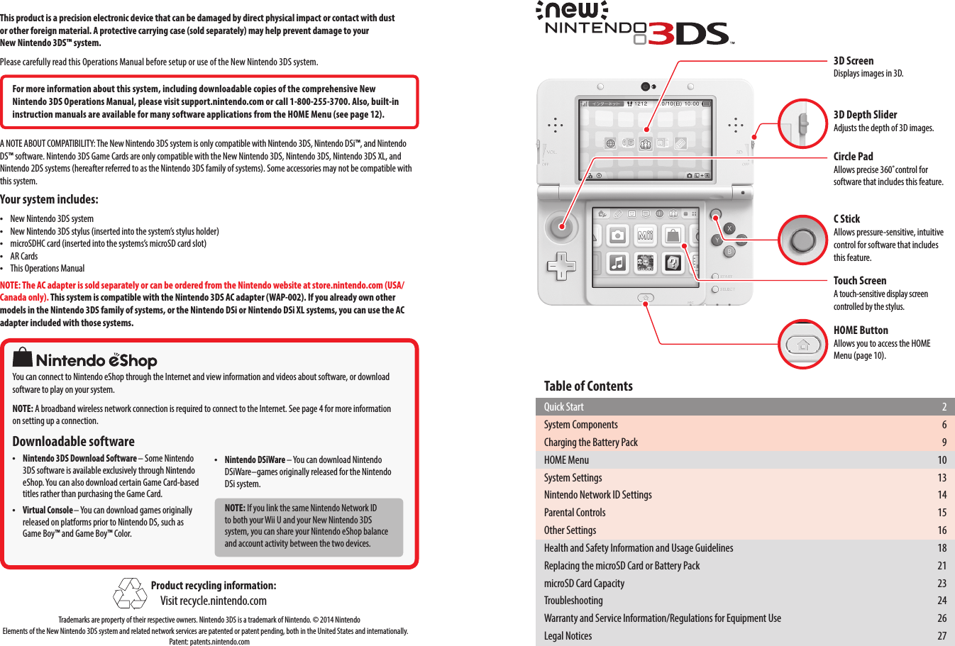 3D ScreenDisplays images in 3D.3D Depth SliderAdjusts the depth of 3D images.Circle PadAllows precise 360˚control for software that includes this feature.C StickAllows pressure-sensitive, intuitive control for software that includes this feature.Touch ScreenA touch-sensitive display screen controlled by the stylus.HOME ButtonAllows you to access the HOME Menu (page 10).This product is a precision electronic device that can be damaged by direct physical impact or contact with dust  or other foreign material. A protective carrying case (sold separately) may help prevent damage to your  New Nintendo 3DS™ system.Please carefully read this Operations Manual before setup or use of the New Nintendo 3DS system.For more information about this system, including downloadable copies of the comprehensive New Nintendo 3DS Operations Manual, please visit support.nintendo.com or call 1-800-255-3700. Also, built-in instruction manuals are available for many software applications from the HOME Menu (see page 12).A NOTE ABOUT COMPATIBILITY: The New Nintendo 3DS system is only compatible with Nintendo 3DS, Nintendo DSi™, and Nintendo DS™ software. Nintendo 3DS Game Cards are only compatible with the New Nintendo 3DS, Nintendo 3DS, Nintendo 3DS XL, and Nintendo 2DS systems (hereafter referred to as the Nintendo 3DS family of systems). Some accessories may not be compatible with this system.Your system includes: •New Nintendo 3DS system •New Nintendo 3DS stylus (inserted into the system’s stylus holder) •microSDHC card (inserted into the systems’s microSD card slot) •AR Cards •This Operations ManualNOTE: The AC adapter is sold separately or can be ordered from the Nintendo website at store.nintendo.com (USA/Canada only). This system is compatible with the Nintendo 3DS AC adapter (WAP-002). If you already own other models in the Nintendo 3DS family of systems, or the Nintendo DSi or Nintendo DSi XL systems, you can use the AC adapter included with those systems.Product recycling information:Visit recycle.nintendo.comTrademarks are property of their respective owners. Nintendo 3DS is a trademark of Nintendo. © 2014 Nintendo Elements of the New Nintendo 3DS system and related network services are patented or patent pending, both in the United States and internationally. Patent: patents.nintendo.com •Nintendo DSiWare– You can download Nintendo DSiWare–games originally released for the Nintendo DSi system.NOTE: If you link the same Nintendo Network ID to both your Wii U and your New Nintendo 3DSsystem, you can share your Nintendo eShop balance and account activity between the two devices.Downloadable software •Nintendo 3DS Download Software– Some Nintendo 3DS software is available exclusively through Nintendo eShop. You can also download certain Game Card-based titles rather than purchasing the Game Card. •Virtual Console– You can download games originally released on platforms prior to Nintendo DS, such as Game Boy™ and Game Boy™ Color.You can connect to Nintendo eShop through the Internet and view information and videos about software, or download software to play on your system.NOTE: A broadband wireless network connection is required to connect to the Internet. See page 4 for more information on setting up a connection.Table of ContentsQuick Start  2System Components  6Charging the Battery Pack  9HOME Menu  10System Settings  13Nintendo Network ID Settings  14Parental Controls  15Other Settings  16Health and Safety Information and Usage Guidelines  18Replacing the microSD Card or Battery Pack  21microSD Card Capacity  23Troubleshooting  24Warranty and Service Information/Regulations for Equipment Use  26Legal Notices  27