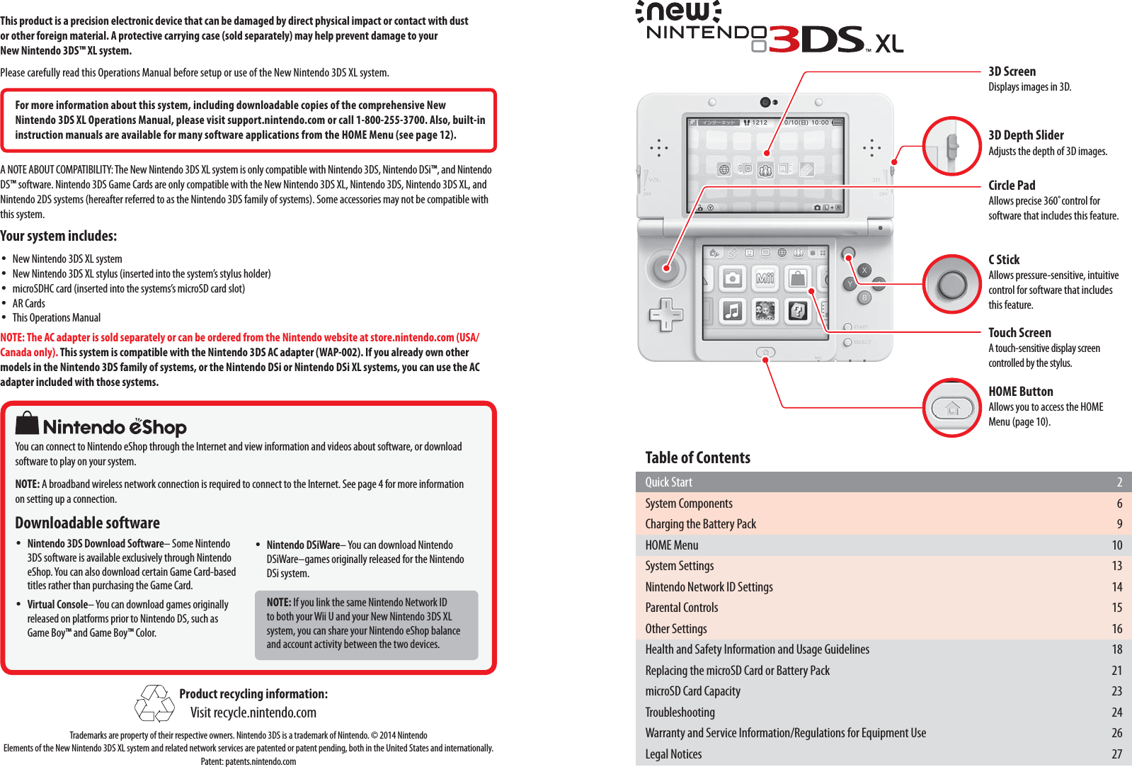 3D ScreenDisplays images in 3D.3D Depth SliderAdjusts the depth of 3D images.Circle PadAllows precise 360˚control for software that includes this feature.C StickAllows pressure-sensitive, intuitive control for software that includes this feature.Touch ScreenA touch-sensitive display screen controlled by the stylus.HOME ButtonAllows you to access the HOME Menu (page 10).This product is a precision electronic device that can be damaged by direct physical impact or contact with dust  or other foreign material. A protective carrying case (sold separately) may help prevent damage to your  New Nintendo 3DS™ XL system.Please carefully read this Operations Manual before setup or use of the New Nintendo 3DS XL system.For more information about this system, including downloadable copies of the comprehensive New Nintendo 3DS XL Operations Manual, please visit support.nintendo.com or call 1-800-255-3700. Also, built-in instruction manuals are available for many software applications from the HOME Menu (see page 12).A NOTE ABOUT COMPATIBILITY: The New Nintendo 3DS XL system is only compatible with Nintendo 3DS, Nintendo DSi™, and Nintendo DS™ software. Nintendo 3DS Game Cards are only compatible with the New Nintendo 3DS XL, Nintendo 3DS, Nintendo 3DS XL, and Nintendo 2DS systems (hereafter referred to as the Nintendo 3DS family of systems). Some accessories may not be compatible with this system.Your system includes: •New Nintendo 3DS XL system •New Nintendo 3DS XL stylus (inserted into the system’s stylus holder) •microSDHC card (inserted into the systems’s microSD card slot) •AR Cards •This Operations ManualNOTE: The AC adapter is sold separately or can be ordered from the Nintendo website at store.nintendo.com (USA/Canada only). This system is compatible with the Nintendo 3DS AC adapter (WAP-002). If you already own other models in the Nintendo 3DS family of systems, or the Nintendo DSi or Nintendo DSi XL systems, you can use the AC adapter included with those systems.Product recycling information:Visit recycle.nintendo.comTrademarks are property of their respective owners. Nintendo 3DS is a trademark of Nintendo. © 2014 Nintendo Elements of the New Nintendo 3DS XL system and related network services are patented or patent pending, both in the United States and internationally. Patent: patents.nintendo.com •Nintendo DSiWare– You can download Nintendo DSiWare–games originally released for the Nintendo DSi system.NOTE: If you link the same Nintendo Network ID to both your Wii U and your New Nintendo 3DS XL system, you can share your Nintendo eShop balance and account activity between the two devices.Downloadable software •Nintendo 3DS Download Software– Some Nintendo 3DS software is available exclusively through Nintendo eShop. You can also download certain Game Card-based titles rather than purchasing the Game Card. •Virtual Console– You can download games originally released on platforms prior to Nintendo DS, such as Game Boy™ and Game Boy™ Color.You can connect to Nintendo eShop through the Internet and view information and videos about software, or download software to play on your system.NOTE: A broadband wireless network connection is required to connect to the Internet. See page 4 for more information on setting up a connection.Table of ContentsQuick Start  2System Components  6Charging the Battery Pack  9HOME Menu  10System Settings  13Nintendo Network ID Settings  14Parental Controls  15Other Settings  16Health and Safety Information and Usage Guidelines  18Replacing the microSD Card or Battery Pack  21microSD Card Capacity  23Troubleshooting 24Warranty and Service Information/Regulations for Equipment Use  26Legal Notices  27