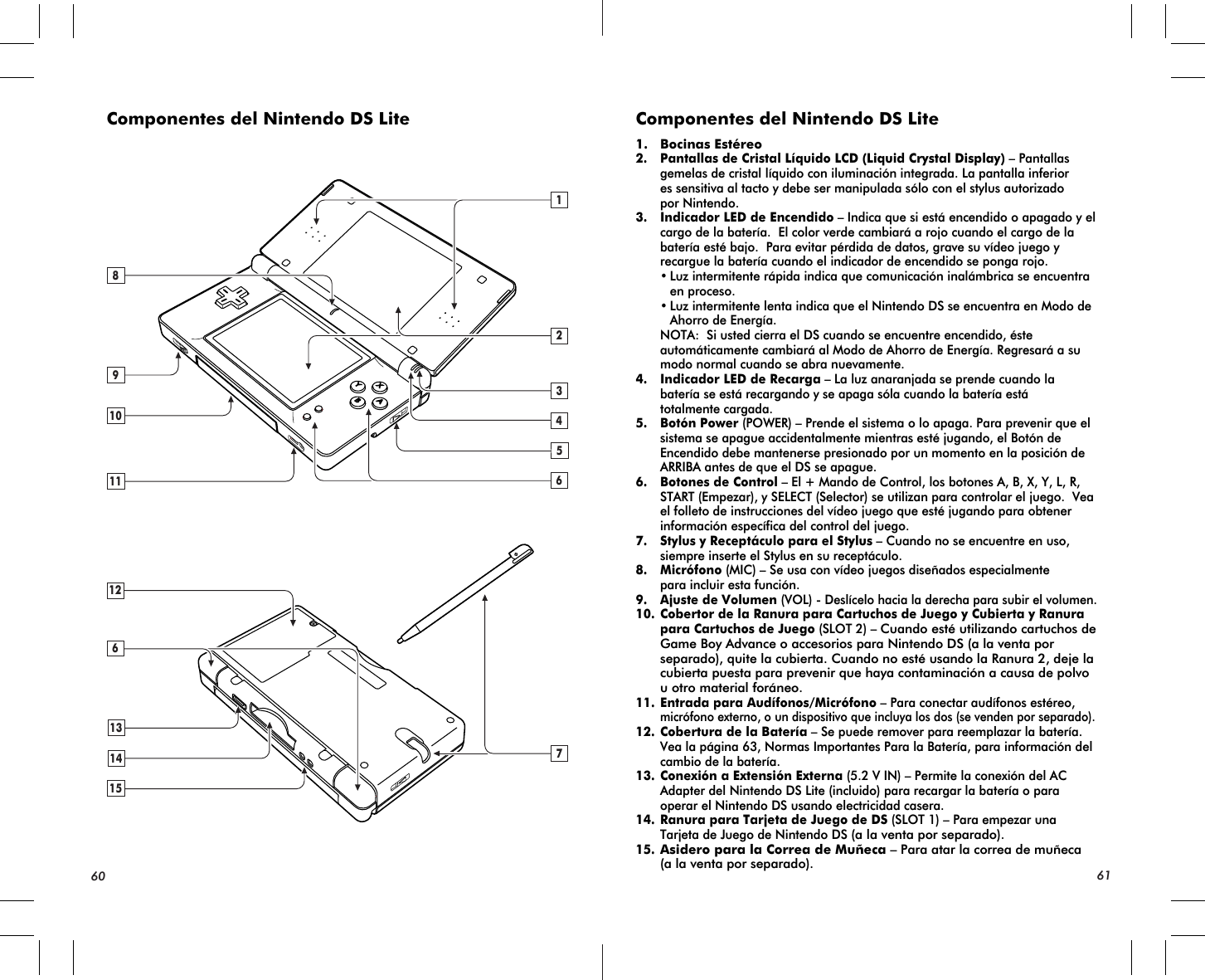 Componentes del Nintendo DS Lite1. Bocinas Estéreo2. Pantallas de Cristal Líquido LCD (Liquid Crystal Display) – Pantallas gemelas de cristal líquido con iluminación integrada. La pantalla inferior es sensitiva al tacto y debe ser manipulada sólo con el stylus autorizado por Nintendo.3. Indicador LED de Encendido – Indica que si está encendido o apagado y el cargo de la batería.  El color verde cambiará a rojo cuando el cargo de la batería esté bajo.  Para evitar pérdida de datos, grave su vídeo juego y recargue la batería cuando el indicador de encendido se ponga rojo. •Luz intermitente rápida indica que comunicación inalámbrica se encuentra  en proceso. •Luz intermitente lenta indica que el Nintendo DS se encuentra en Modo de  Ahorro de Energía. NOTA:  Si usted cierra el DS cuando se encuentre encendido, éste  automáticamente cambiará al Modo de Ahorro de Energía. Regresará a su modo normal cuando se abra nuevamente.4. Indicador LED de Recarga – La luz anaranjada se prende cuando la batería se está recargando y se apaga sóla cuando la batería está totalmente cargada.5. Botón Power (POWER) – Prende el sistema o lo apaga. Para prevenir que el sistema se apague accidentalmente mientras esté jugando, el Botón de Encendido debe mantenerse presionado por un momento en la posición de ARRIBA antes de que el DS se apague.6. Botones de Control – El + Mando de Control, los botones A, B, X, Y, L, R, START (Empezar), y SELECT (Selector) se utilizan para controlar el juego.  Vea el folleto de instrucciones del vídeo juego que esté jugando para obtener información específica del control del juego.7. Stylus y Receptáculo para el Stylus – Cuando no se encuentre en uso, siempre inserte el Stylus en su receptáculo. 8. Micrófono (MIC) – Se usa con vídeo juegos diseñados especialmente para incluir esta función.9.  Ajuste de Volumen (VOL) - Deslícelo hacia la derecha para subir el volumen.   10.Cobertor de la Ranura para Cartuchos de Juego y Cubierta y Ranura para Cartuchos de Juego (SLOT 2) – Cuando esté utilizando cartuchos de Game Boy Advance o accesorios para Nintendo DS (a la venta por separado), quite la cubierta. Cuando no esté usando la Ranura 2, deje la cubierta puesta para prevenir que haya contaminación a causa de polvo u otro material foráneo.11.Entrada para Audífonos/Micrófono – Para conectar audífonos estéreo,micrófono externo, o un dispositivo que incluya los dos (se venden por separado).12.Cobertura de la Batería – Se puede remover para reemplazar la batería. Vea la página 63, Normas Importantes Para la Batería, para información del cambio de la batería.13.Conexión a Extensión Externa (5.2 V IN) – Permite la conexión del AC Adapter del Nintendo DS Lite (incluido) para recargar la batería o para operar el Nintendo DS usando electricidad casera.14.Ranura para Tarjeta de Juego de DS (SLOT 1) – Para empezar una Tarjeta de Juego de Nintendo DS (a la venta por separado).15.Asidero para la Correa de Muñeca – Para atar la correa de muñeca (a la venta por separado).Componentes del Nintendo DS Lite60 618910114153141312566127