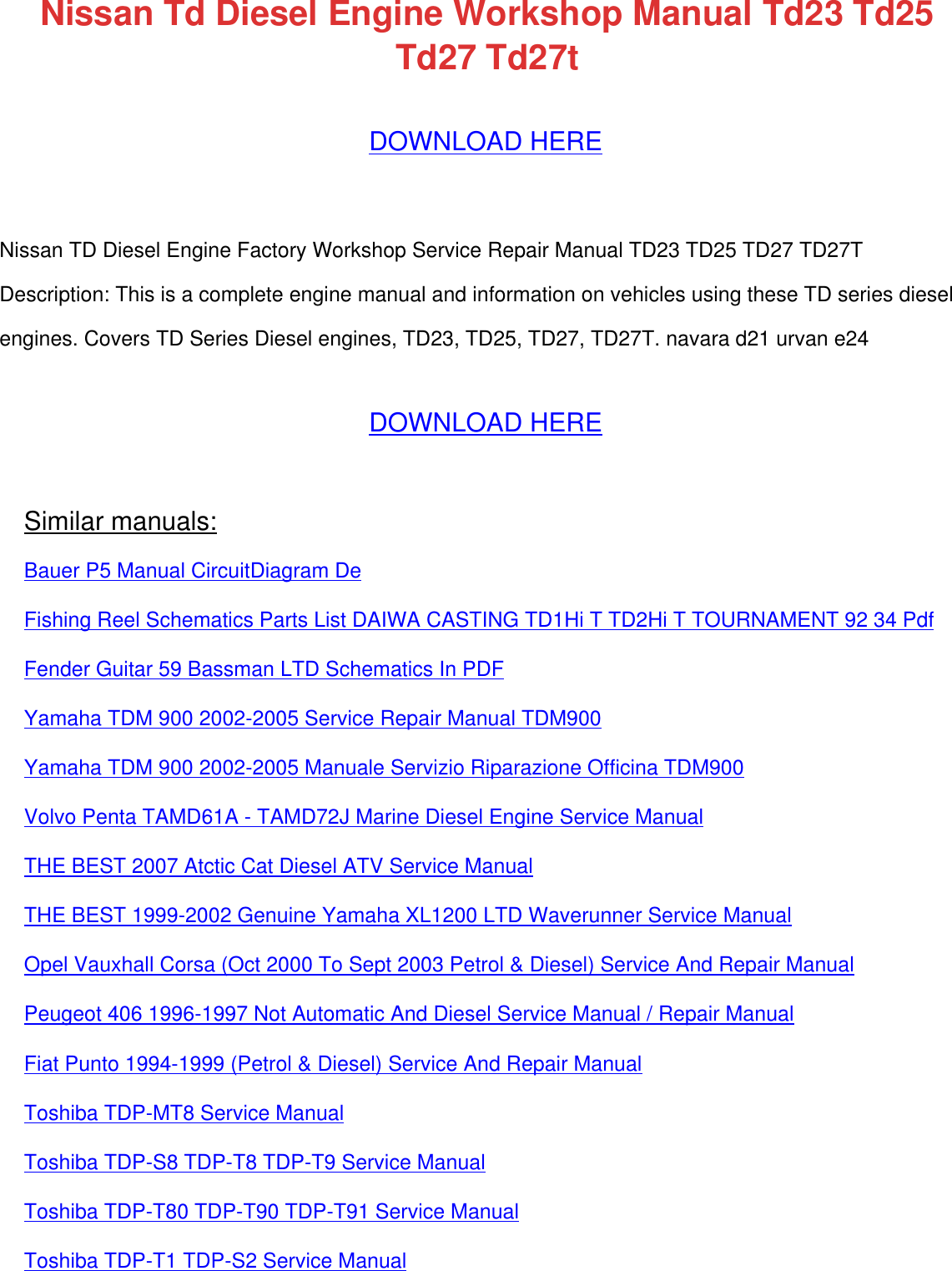 Page 1 of 5 - Nissan  !! 128341302-nissan Td Diesel Engine Workshop Manual Td23 Td25 Td27 Td27t
