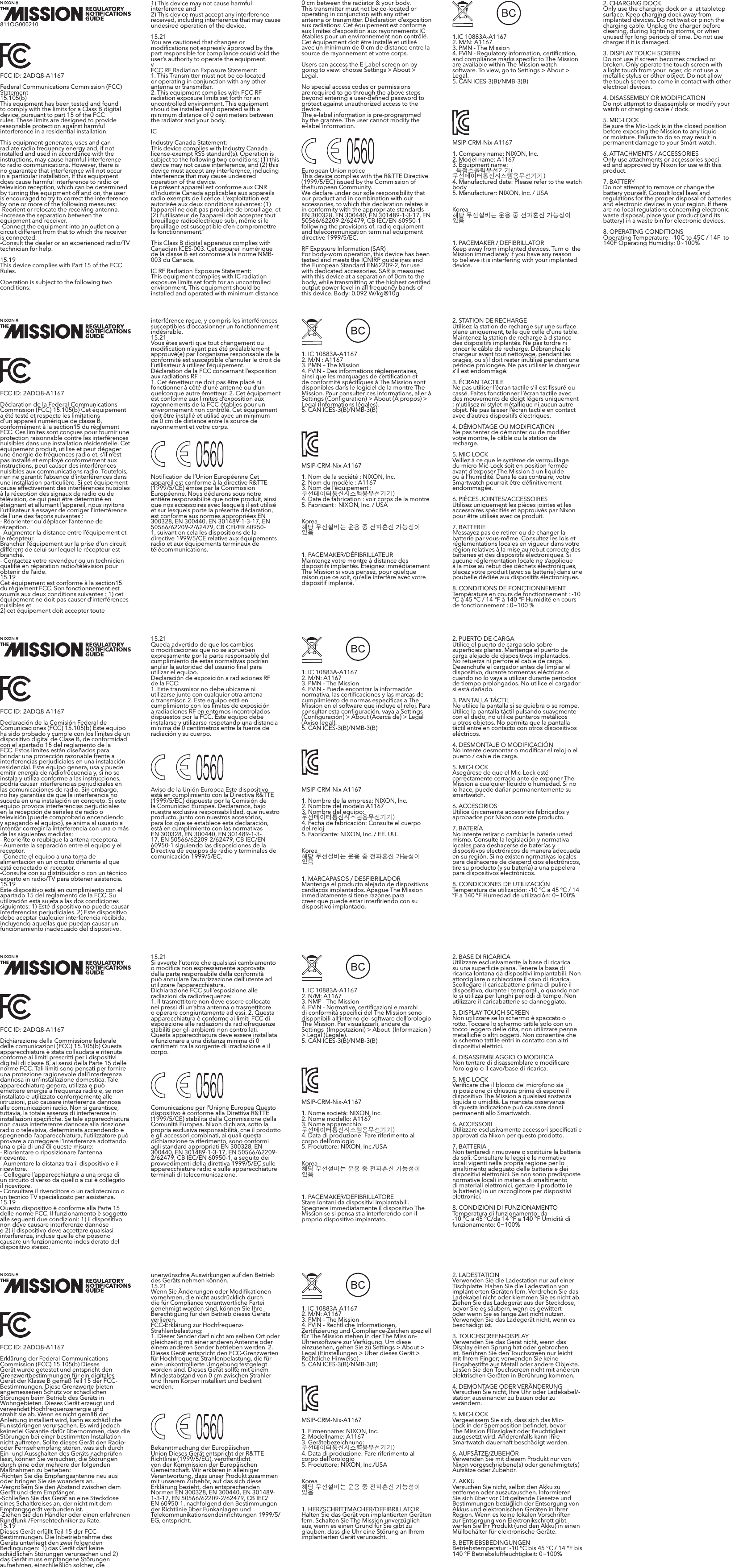 FCC ID: 2ADQ8-A1167Federal Communications Commission (FCC) Statement15.105(b)This equipment has been tested and found to comply with the limits for a Class B digital device, pursuant to part 15 of the FCC rules. These limits are designed to provide reasonable protection against harmful interference in a residential installation.This equipment generates, uses and can radiate radio frequency energy and, if not installed and used in accordance with the instructions, may cause harmful interference to radio communications. However, there is no guarantee that interference will not occur in a particular installation. If this equipment does cause harmful interference to radio or television reception, which can be determined by turning the equipment off and on, the user is encouraged to try to correct the interference by one or more of the following measures:-Reorient or relocate the receiving antenna.-Increase the separation between the equipment and receiver.-Connect the equipment into an outlet on a circuit different from that to which the receiver is connected.-Consult the dealer or an experienced radio/TV technician for help.15.19 This device complies with Part 15 of the FCC Rules. Operation is subject to the following two conditions:FCC ID: 2ADQ8-A1167Déclaration de la Federal Communications Commission (FCC) 15.105(b) Cet équipement a été testé et respecte les limitations d’un appareil numérique de classe B, conformément à la section15 du règlement FCC. Ces limites sont conçues pour fournir une protection raisonnable contre les interférences nuisibles dans une installation résidentielle. Cet équipement produit, utilise et peut dégager une énergie de fréquences radio et, s’il n’est pas installé et employé conformément aux instructions, peut causer des interférences nuisibles aux communications radio. Toutefois, rien ne garantit l’absence d’interférences dans une installation particulière. Si cet équipement cause effectivement des interférences nuisibles à la réception des signaux de radio ou de télévision, ce qui peut être déterminé en éteignant et allumant l’appareil, nous invitons l’utilisateur à essayer de corriger l’interférence de l’une des façons suivantes : - Réorienter ou déplacer l’antenne de réception. - Augmenter la distance entre l’équipement et le récepteur. Brancher l’équipement sur la prise d’un circuit différent de celui sur lequel le récepteur est branché. - Contactez votre revendeur ou un technicien qualiﬁé en réparation radio/télévision pour obtenir de l’aide. 15.19Cet équipement est conforme à la section15 du règlement FCC. Son fonctionnement est soumis aux deux conditions suivantes : 1) cet équipement ne doit pas causer d’interférences nuisibles et2) cet équipement doit accepter toute FCC ID: 2ADQ8-A1167Declaración de la Comisión Federal de Comunicaciones (FCC) 15.105(b) Este equipo ha sido probado y cumple con los límites de un dispositivo digital de Clase B, de conformidad con el apartado 15 del reglamento de la FCC. Estos límites están diseñados para brindar una protección razonable frente a interferencias perjudiciales en una instalación residencial. Este equipo genera, usa y puede emitir energía de radiofrecuencia y, si no se instala y utiliza conforme a las instrucciones, podría causar interferencias perjudiciales en las comunicaciones de radio. Sin embargo, no hay garantías de que la interferencia no suceda en una instalación en concreto. Si este equipo provoca interferencias perjudiciales en la recepción de señales de radio o televisión (puede comprobarlo encendiendo y apagando el equipo), se anima al usuario a intentar corregir la interferencia con una o más de las siguientes medidas:- Reoriente o reubique la antena receptora. - Aumente la separación entre el equipo y el receptor. - Conecte el equipo a una toma de alimentación en un circuito diferente al que está conectado el receptor. -Consulte con su distribuidor o con un técnico experto en radio/TV para obtener asistencia. 15.19Este dispositivo está en cumplimiento con el apartado 15 del reglamento de la FCC. Su utilización está sujeta a las dos condiciones siguientes: 1) Este dispositivo no puede causar interferencias perjudiciales. 2) Este dispositivo debe aceptar cualquier interferencia recibida, incluyendo aquellas que puedan causar un funcionamiento inadecuado del dispositivo. FCC ID: 2ADQ8-A1167Dichiarazione della Commissione federale delle comunicazioni (FCC) 15.105(b) Questa apparecchiatura è stata collaudata e ritenuta conforme ai limiti prescritti per i dispositivi digitali di classe B, ai sensi della Parte 15 delle norme FCC. Tali limiti sono pensati per fornire una protezione ragionevole dall’interferenza dannosa in un’installazione domestica. Tale apparecchiatura genera, utilizza e può emettere energia a frequenza radio e, se non installato e utilizzato conformemente alle istruzioni, può causare interferenza dannosa alle comunicazioni radio. Non si garantisce, tuttavia, la totale assenza di interferenze in installazioni speciﬁche. Se tale apparecchiatura non causa interferenze dannose alla ricezione radio o televisiva, determinata accendendo e spegnendo l’apparecchiatura, l’utilizzatore può provare a correggere l’interferenza adottando una o più di una di queste misure: - Riorientare o riposizionare l’antenna ricevente. - Aumentare la distanza tra il dispositivo e il ricevitore. - Collegare l’apparecchiatura a una presa di un circuito diverso da quello a cui è collegato il ricevitore. - Consultare il rivenditore o un radiotecnico o un tecnico TV specializzato per assistenza. 15.19Questo dispositivo è conforme alla Parte 15 delle norme FCC. Il funzionamento è soggetto alle seguenti due condizioni: 1) il dispositivo non deve causare interferenze dannose e 2) il dispositivo deve accettare qualsiasi interferenza, incluse quelle che possono causare un funzionamento indesiderato del dispositivo stesso. FCC ID: 2ADQ8-A1167Erklärung der Federal Communications Commission (FCC) 15.105(b) Dieses Gerät wurde getestet und entspricht den Grenzwertbestimmungen für ein digitales Gerät der Klasse B gemäß Teil 15 der FCC-Bestimmungen. Diese Grenzwerte bieten angemessenen Schutz vor schädlichen Störungen beim Betrieb des Geräts in Wohngebieten. Dieses Gerät erzeugt und verwendet Hochfrequenzenergie und strahlt sie ab. Wenn es nicht gemäß der Anleitung installiert wird, kann es schädliche Funkstörungen verursachen. Es wird jedoch keinerlei Garantie dafür übernommen, dass die Störungen bei einer bestimmten Installation nicht auftreten. Sollte dieses Gerät den Radio- oder Fernsehempfang stören, was sich durch Ein- und Ausschalten des Geräts nachprüfen lässt, können Sie versuchen, die Störungen durch eine oder mehrere der folgenden Maßnahmen zu beheben: -Richten Sie die Empfangsantenne neu aus oder bringen Sie sie woanders an. -Vergrößern Sie den Abstand zwischen dem Gerät und dem Empfänger. -Schließen Sie das Gerät an eine Steckdose eines Schaltkreises an, der nicht mit dem Empfangsgerät verbunden ist. -Ziehen Sie den Händler oder einen erfahrenen Rundfunk-/Fernsehtechniker zu Rate. 15.19Dieses Gerät erfüllt Teil 15 der FCC-Bestimmungen. Die Inbetriebnahme des Geräts unterliegt den zwei folgenden Bedingungen: 1) das Gerät darf keine schädlichen Störungen verursachen und 2) das Gerät muss empfangene Störungen aufnehmen, einschließlich solcher, die 1) This device may not cause harmful interference and2) This device must accept any interference received, including interference that may cause undesired operation of the device.15.21You are cautioned that changes or modiﬁcations not expressly approved by the part responsible for compliance could void the user’s authority to operate the equipment.vFCC RF Radiation Exposure Statement:1. This Transmitter must not be co-located or operating in conjunction with any other antenna or transmitter. 2. This equipment complies with FCC RF radiation exposure limits set forth for an uncontrolled environment. This equipment should be installed and operated with a minimum distance of 0 centimeters between the radiator and your body.ICIndustry Canada Statement:This device complies with Industry Canada license-exempt RSS standard(s). Operation is subject to the following two conditions: (1) this device may not cause interference, and (2) this device must accept any interference, including interference that may cause undesired operation of the device.Le présent appareil est conforme aux CNR d’Industrie Canada applicables aux appareils radio exempts de licence. L’exploitation est autorisée aux deux conditions suivantes: (1) l’appareil ne doit pas produire de brouillage, et (2) l’utilisateur de l’appareil doit accepter tout brouillage radioélectrique subi, même si le brouillage est susceptible d’en compromettre le fonctionnement.”This Class B digital apparatus complies with Canadian ICES-003. Cet appareil numérique de la classe B est conforme à la norme NMB-003 du Canada.IC RF Radiation Exposure Statement: This equipment complies with IC radiation exposure limits set forth for an uncontrolled environment. This equipment should be installed and operated with minimum distance interférence reçue, y compris les interférences susceptibles d’occasionner un fonctionnement indésirable. 15.21Vous êtes averti que tout changement ou modiﬁcation n’ayant pas été préalablement approuvé(e) par l’organisme responsable de la conformité est susceptible d’annuler le droit de l’utilisateur à utiliser l’équipement. Déclaration de la FCC concernant l’exposition aux radiations RF : 1. Cet émetteur ne doit pas être placé ni fonctionner à côté d’une antenne ou d’un quelconque autre émetteur. 2. Cet équipement est conforme aux limites d’exposition aux rayonnements de la FCC établies pour un environnement non contrôlé. Cet équipement doit être installé et utilisé avec un minimum de 0 cm de distance entre la source de rayonnement et votre corps. Notiﬁcation de l’Union Européenne Cet appareil est conforme à la directive R&amp;TTE (1999/5/CE) émise par la Commission Européenne. Nous déclarons sous notre entière responsabilité que notre produit, ainsi que nos accessoires avec lesquels il est utilisé et sur lesquels porte la présente déclaration, est conforme aux normes appropriées EN 300328, EN 300440, EN 301489-1-3-17, EN 50566/62209-2/62479, CB CEI/FR 60950-1, suivant en cela les dispositions de la directive 1999/5/CE relative aux équipements radio et aux équipements terminaux de télécommunications. 15.21Queda advertido de que los cambios o modiﬁcaciones que no se aprueben expresamente por la parte responsable del cumplimiento de estas normativas podrían anular la autoridad del usuario ﬁnal para utilizar el equipo. Declaración de exposición a radiaciones RF de la FCC:1. Este transmisor no debe ubicarse ni utilizarse junto con cualquier otra antena o transmisor. 2. Este equipo está en cumplimiento con los límites de exposición a radiaciones RF en entornos incontrolados dispuestos por la FCC. Este equipo debe instalarse y utilizarse respetando una distancia mínima de 0 centímetros entre la fuente de radiación y su cuerpo.  Aviso de la Unión Europea Este dispositivo está en cumplimiento con la Directiva R&amp;TTE (1999/5/EC) dispuesta por la Comisión de la Comunidad Europea. Declaramos, bajo nuestra exclusiva responsabilidad, que nuestro producto, junto con nuestros accesorios, para los que se establece esta declaración, está en cumplimiento con las normativas EN 300328, EN 300440, EN 301489-1-3-17, EN 50566/62209-2/62479, CB IEC/EN 60950-1 siguiendo las disposiciones de la Directiva de equipos de radio y terminales de comunicación 1999/5/EC. 15.21Si avverte l’utente che qualsiasi cambiamento o modiﬁca non espressamente approvata dalla parte responsabile della conformità può annullare l’autorizzazione dell’utente ad utilizzare l’apparecchiatura. Dichiarazione FCC sull’esposizione alle radiazioni da radiofrequenze: 1. Il trasmettitore non deve essere collocato nei pressi di un’altra antenna o trasmettitore o operare congiuntamente ad essi. 2. Questa apparecchiatura è conforme ai limiti FCC di esposizione alle radiazioni da radiofrequenze stabiliti per gli ambienti non controllati. Questa apparecchiatura deve essere installata e funzionare a una distanza minima di 0 centimetri tra la sorgente di irradiazione e il corpo. Comunicazione per l’Unione Europea Questo dispositivo è conforme alla Direttiva R&amp;TTE (1999/5/CE) stabilita dalla Commissione della Comunità Europea. Nixon dichiara, sotto la propria esclusiva responsabilità, che il prodotto e gli accessori combinati, ai quali questa dichiarazione fa riferimento, sono conformi agli standard appropriati EN 300328, EN 300440, EN 301489-1-3-17, EN 50566/62209-2/62479, CB IEC/EN 60950-1, a seguito dei provvedimenti della direttiva 1999/5/EC sulle apparecchiature radio e sulle apparecchiature terminali di telecomunicazione. unerwünschte Auswirkungen auf den Betrieb des Geräts nehmen können. 15.21Wenn Sie Änderungen oder Modiﬁkationen vornehmen, die nicht ausdrücklich durch die für Compliance verantwortliche Partei genehmigt worden sind, können Sie Ihre Berechtigung für den Betrieb dieses Geräts verlieren. FCC-Erklärung zur Hochfrequenz-Strahlenbelastung: 1. Dieser Sender darf nicht am selben Ort oder gleichzeitig mit einer anderen Antenne oder einem anderen Sender betrieben werden. 2. Dieses Gerät entspricht den FCC-Grenzwerten für Hochfrequenz-Strahlenbelastung, die für eine unkontrollierte Umgebung festgelegt worden sind. Dieses Gerät sollte mit einem Mindestabstand von 0 cm zwischen Strahler und Ihrem Körper installiert und bedient werden.  Bekanntmachung der Europäischen Union Dieses Gerät entspricht der R&amp;TTE-Richtlinie (1999/5/EG), veröffentlicht von der Kommission der Europäischen Gemeinschaft. Wir erklären in alleiniger Verantwortung, dass unser Produkt zusammen mit unserem Zubehör, auf das sich diese Erklärung bezieht, den entsprechenden Normen EN 300328, EN 300440, EN 301489-1-3-17, EN 50566/62209-2/62479, CB IEC/EN 60950-1, nachfolgend den Bestimmungen der Richtlinie über Funkanlagen und Telekommunikationsendeinrichtungen 1999/5/EG, entspricht. 1.IC 10883A-A11672. M/N: A11673. PMN - The Mission4. FVIN - Regulatory information, certiﬁcation, and compliance marks speciﬁc to The Mission are available within The Mission watch software. To view, go to Settings &gt; About &gt; Legal.  5. CAN ICES-3(B)/NMB-3(B)MSIP-CRM-Nix-A11671. Company name: NIXON, Inc.2. Model name: A11673. Equipment name:   특정소출력무선기기(무선데이터통신시스템용무선기기)4. Manufactured date: Please refer to the watch body5. Manufacturer: NIXON, Inc. / USAKorea해당 무선설비는 운용 중 전파혼신 가능성이 있음1. PACEMAKER / DEFIBRILLATORKeep away from implanted devices. Turn o  the Mission immediately if you have any reason to believe it is interfering with your implanted device.2. STATION DE RECHARGE Utilisez la station de recharge sur une surface plane uniquement, telle que celle d’une table. Maintenez la station de recharge à distance des dispositifs implantés. Ne pas tordre ni pincer le câble de recharge. Débranchez le chargeur avant tout nettoyage, pendant les orages, ou s’il doit rester inutilisé pendant une période prolongée. Ne pas utiliser le chargeur s’il est endommagé. 3. ÉCRAN TACTILE Ne pas utiliser l’écran tactile s’il est ﬁssuré ou cassé. Faites fonctionner l’écran tactile avec des mouvements de doigt légers uniquement ; n’utilisez ni stylet métallique ni aucun autre objet. Ne pas laisser l’écran tactile en contact avec d’autres dispositifs électriques. 4. DÉMONTAGE OU MODIFICATION Ne pas tenter de démonter ou de modiﬁer votre montre, le câble ou la station de recharge. 5. MIC-LOCK Veillez à ce que le système de verrouillage du micro Mic-Lock soit en position fermée avant d’exposer The Mission à un liquide ou à l’humidité. Dans le cas contraire, votre Smartwatch pourrait être déﬁnitivement endommagée. 6. PIÈCES JOINTES/ACCESSOIRES Utilisez uniquement les pièces jointes et les accessoires spéciﬁés et approuvés par Nixon pour être utilisés avec ce produit. 7. BATTERIE N’essayez pas de retirer ou de changer la batterie par vous-même. Consultez les lois et réglementations locales en vigueur dans votre région relatives à la mise au rebut correcte des batteries et des dispositifs électroniques. Si aucune réglementation locale ne s’applique à la mise au rebut des déchets électroniques, placez votre produit (avec sa batterie) dans une poubelle dédiée aux dispositifs électroniques. 8. CONDITIONS DE FONCTIONNEMENT Température en cours de fonctionnement : -10 °C à 45 °C / 14 °F à 140 °F Humidité en cours de fonctionnement : 0~100 % 2. PUERTO DE CARGA Utilice el puerto de carga solo sobre superﬁcies planas. Mantenga el puerto de carga alejado de dispositivos implantados. No retuerza ni perfore el cable de carga. Desenchufe el cargador antes de limpiar el dispositivo, durante tormentas eléctricas o cuando no lo vaya a utilizar durante periodos de tiempo prolongados. No utilice el cargador si está dañado. 3. PANTALLA TÁCTIL No utilice la pantalla si se quiebra o se rompe. Utilice la pantalla táctil pulsando suavemente con el dedo, no utilice punteros metálicos u otros objetos. No permita que la pantalla táctil entre en contacto con otros dispositivos eléctricos. 4. DESMONTAJE O MODIFICACIÓN No intente desmontar o modiﬁcar el reloj o el puerto / cable de carga. 5. MIC-LOCK Asegúrese de que el Mic-Lock esté correctamente cerrado ante de exponer The Mission a cualquier líquido o humedad. Si no lo hace, puede dañar permanentemente su smartwatch. 6. ACCESORIOS Utilice únicamente accesorios fabricados y aprobados por Nixon con este producto. 7. BATERÍA No intente retirar o cambiar la batería usted mismo. Consulte la legislación y normativa locales para deshacerse de baterías y dispositivos electrónicos de manera adecuada en su región. Si no existen normativas locales para deshacerse de desperdicios electrónicos, tire su producto (y su batería) a una papelera para dispositivos electrónicos. 8. CONDICIONES DE UTILIZACIÓN Temperatura de utilización: -10 ºC a 45 ºC / 14 ºF a 140 ºF Humedad de utilización: 0~100% 2. BASE DI RICARICA Utilizzare esclusivamente la base di ricarica su una superﬁcie piana. Tenere la base di ricarica lontana da dispositivi impiantabili. Non attorcigliare o schiacciare il cavo di ricarica. Scollegare il caricabatterie prima di pulire il dispositivo, durante i temporali, o quando non lo si utilizza per lunghi periodi di tempo. Non utilizzare il caricabatterie se danneggiato. 3. DISPLAY TOUCH SCREEN Non utilizzare se lo schermo è spaccato o rotto. Toccare lo schermo tattile solo con un tocco leggero delle dita, non utilizzare penne metalliche o altri oggetti. Non consentire che lo schermo tattile entri in contatto con altri dispositivi elettrici. 4. DISASSEMBLAGGIO O MODIFICA Non tentare di disassemblare o modiﬁcare l’orologio o il cavo/base di ricarica. 5. MIC-LOCK Veriﬁcare che il blocco del microfono sia in posizione di chiusura prima di esporre il dispositivo The Mission a qualsiasi sostanza liquida o umidità. La mancata osservanza di questa indicazione può causare danni permanenti allo Smartwatch. 6. ACCESSORI Utilizzare esclusivamente accessori speciﬁcati e approvati da Nixon per questo prodotto. 7. BATTERIA Non tentaredi rimuovere o sostituire la batteria da soli. Consultare le leggi e le normative locali vigenti nella propria regione per lo smaltimento adeguato delle batterie e dei dispositivi elettronici. Se non sono predisposte normative locali in materia di smaltimento di materiali elettronici, gettare il prodotto (e la batteria) in un raccoglitore per dispositivi elettronici. 8. CONDIZIONI DI FUNZIONAMENTO Temperatura di funzionamento: da -10 °C a 45 °C/da 14 °F a 140 °F Umidità di funzionamento: 0~100% 2. LADESTATION Verwenden Sie die Ladestation nur auf einer Tischplatte. Halten Sie die Ladestation von implantierten Geräten fern. Verdrehen Sie das Ladekabel nicht oder klemmen Sie es nicht ab. Ziehen Sie das Ladegerät aus der Steckdose, bevor Sie es säubern, wenn es gewittert oder wenn Sie es lange Zeit nicht nutzen. Verwenden Sie das Ladegerät nicht, wenn es beschädigt ist. 3. TOUCHSCREEN-DISPLAY Verwenden Sie das Gerät nicht, wenn das Display einen Sprung hat oder gebrochen ist. Berühren Sie den Touchscreen nur leicht mit Ihrem Finger; verwenden Sie keine Eingabestifte aus Metall oder andere Objekte. Lassen Sie den Touchscreen nicht mit anderen elektrischen Geräten in Berührung kommen. 4. DEMONTAGE ODER VERÄNDERUNG Versuchen Sie nicht, Ihre Uhr oder Ladekabel/-station auseinander zu bauen oder zu verändern. 5. MIC-LOCK Vergewissern Sie sich, dass sich das Mic-Lock in der Sperrposition beﬁndet, bevor The Mission Flüssigkeit oder Feuchtigkeit ausgesetzt wird. Anderenfalls kann Ihre Smartwatch dauerhaft beschädigt werden. 6. AUFSÄTZE/ZUBEHÖR Verwenden Sie mit diesem Produkt nur von Nixon vorgeschriebene(s) oder genehmigte(s) Aufsätze oder Zubehör. 7. AKKU Versuchen Sie nicht, selbst den Akku zu entfernen oder auszutauschen. Informieren Sie sich über vor Ort geltende Gesetze und Bestimmungen bezüglich der Entsorgung von Akkus und elektronischen Geräten in Ihrer Region. Wenn es keine lokalen Vorschriften zur Entsorgung von Elektronikschrott gibt, werfen Sie Ihr Produkt (und den Akku) in einen Müllbehälter für elektronische Geräte. 8. BETRIEBSBEDINGUNGEN Betriebstemperatur: -10 °C bis 45 °C / 14 °F bis 140 °F Betriebsluftfeuchtigkeit: 0~100% 0 cm between the radiator &amp; your body. This transmitter must not be co-located or operating in conjunction with any other antenna or transmitter. Déclaration d’exposition aux radiations: Cet équipement est conforme aux limites d’exposition aux rayonnements IC établies pour un environnement non contrôlé. Cet équipement doit être installé et utilisé avec un minimum de 0 cm de distance entre la source de rayonnement et votre corps.Users can access the E-Label screen on by going to view: choose Settings &gt; About &gt; Legal.No special access codes or permissions are required to go through the above steps beyond entering a user-deﬁned password to protect against unauthorized access to the device.The e-label information is pre-programmed by the grantee. The user cannot modify the e-label information.European Union noticeThis device complies with the R&amp;TTE Directive (1999/5/EC) issued by the Commission of the European  Community. We declare under our sole responsibility that our product and in combination with our accessories, to which this declaration relates is in conformity with the appropriate standards EN 300328, EN 300440, EN 301489-1-3-17, EN 50566/62209-2/62479, CB IEC/EN 60950-1 following the provisions of, radio equipment and telecommunication terminal equipment directive 1999/5/EC.RF Exposure Information (SAR)For body-worn operation, this device has been tested and meets the ICNIRP guidelines and the European Standard EN62209-2, for use with dedicated accessories. SAR is measured with this device at a separation of 0cm to the body, while transmitting at the highest certiﬁed output power level in all frequency bands of this device. Body: 0.092 W/kg@10g1. IC 10883A-A11672. M/N : A1167 3. PMN – The Mission 4. FVIN - Des informations réglementaires, ainsi que les marquages de certiﬁcation et de conformité spéciﬁques à The Mission sont disponibles dans le logiciel de la montre The Mission. Pour consulter ces informations, aller à Settings (Conﬁguration) &gt; About (À propos) &gt; Legal (Informations légales). 5. CAN ICES-3(B)/NMB-3(B) MSIP-CRM-Nix-A11671. Nom de la société : NIXON, Inc. 2. Nom du modèle : A1167 3. Nom de l’équipement : 무선데이터통신시스템용무선기기)4. Date de fabrication : voir corps de la montre 5. Fabricant : NIXON, Inc. / USA Korea해당 무선설비는 운용 중 전파혼신 가능성이 있음1. PACEMAKER/DÉFIBRILLATEUR Maintenez votre montre à distance des dispositifs implantés. Éteignez immédiatement The Mission si vous pensez, pour quelque raison que ce soit, qu’elle interfère avec votre dispositif implanté. 1. IC 10883A-A11672. M/N: A1167 3. PMN - The Mission 4. FVIN - Puede encontrar la información normativa, las certiﬁcaciones y las marcas de cumplimiento de normas especíﬁcas a The Mission en el software que incluye el reloj. Para consultar esta conﬁguración, vaya a Settings (Conﬁguración) &gt; About (Acerca de) &gt; Legal (Aviso legal). 5. CAN ICES-3(B)/NMB-3(B) MSIP-CRM-Nix-A11671. Nombre de la empresa: NIXON, Inc. 2. Nombre del modelo A1167 3. Nombre del equipo:무선데이터통신시스템용무선기기)4. Fecha de fabricación: Consulte el cuerpo del reloj 5. Fabricante: NIXON, Inc. / EE. UU. Korea해당 무선설비는 운용 중 전파혼신 가능성이 있음1. MARCAPASOS / DESFIBRILADOR Mantenga el producto alejado de dispositivos cardíacos implantados. Apague The Mission inmediatamente si tiene razones para creer que puede estar interﬁriendo con su dispositivo implantado. 1. IC 10883A-A11672. N/M: A1167 3. NMP - The Mission 4. FVIN - Normative, certiﬁcazioni e marchi di conformità speciﬁci del The Mission sono disponibili all’interno del software dell’orologio The Mission. Per visualizzarli, andare da Settings  (Impostazioni) &gt; About  (Informazioni) &gt; Legal (Legale). 5. CAN ICES-3(B)/NMB-3(B) MSIP-CRM-Nix-A11671. Nome società: NIXON, Inc. 2. Nome modello: A1167 3. Nome apparecchio: 무선데이터통신시스템용무선기기)4. Data di produzione: Fare riferimento al corpo dell’orologio 5. Produttore: NIXON, Inc./USA Korea해당 무선설비는 운용 중 전파혼신 가능성이 있음1. PACEMAKER/DEFIBRILLATORE Stare lontani da dispositivi impiantabili. Spegnere immediatamente il dispositivo The Mission se si pensa stia interferendo con il proprio dispositivo impiantato. 1. IC 10883A-A11672. M/N: A1167 3. PMN - The Mission 4. FVIN - Rechtliche Informationen, Zertiﬁzierung und Compliance-Zeichen speziell für The Mission stehen in der The Mission-Uhrensoftware zur Verfügung. Um diese einzusehen, gehen Sie zu Settings &gt; About &gt; Legal (Einstellungen &gt; Über dieses Gerät &gt; Rechtliche Hinweise). 5. CAN ICES-3(B)/NMB-3(B)  MSIP-CRM-Nix-A11671. Firmenname: NIXON, Inc. 2. Modellname: A1167 3. Gerätebezeichnung: 무선데이터통신시스템용무선기기)4. Data di produzione: Fare riferimento al corpo dell’orologio 5. Produttore: NIXON, Inc./USA Korea해당 무선설비는 운용 중 전파혼신 가능성이 있음1. HERZSCHRITTMACHER/DEFIBRILLATOR Halten Sie das Gerät von implantierten Geräten fern. Schalten Sie The Mission unverzüglich aus, wenn es einen Grund für Sie gibt zu glauben, dass die Uhr eine Störung an Ihrem implantierten Gerät verursacht. 2. CHARGING DOCKOnly use the charging dock on a  at tabletop surface. Keep charging dock away from implanted devices. Do not twist or pinch the charging cable. Unplug the charger before cleaning, during lightning storms, or when unused for long periods of time. Do not use charger if it is damaged.3. DISPLAY TOUCH SCREENDo not use if screen becomes cracked or broken. Only operate the touch screen with a light touch from your  nger, do not use a metallic stylus or other object. Do not allow the touch screen to come in contact with other electrical devices.4. DISASSEMBLY OR MODIFICATIONDo not attempt to disassemble or modify your watch or charging cable / dock.5. MIC-LOCKBe sure the Mic-Lock is in the closed position before exposing the Mission to any liquid or moisture. Failure to do so may result in permanent damage to your Smart-watch.6. ATTACHMENTS / ACCESSORIESOnly use attachments or accessories speci ed and approved by Nixon for use with this product.7. BATTERYDo not attempt to remove or change the battery yourself. Consult local laws and regulations for the proper disposal of batteries and electronic devices in your region. If there are no local regulations concerning electronic waste disposal, place your product (and its battery) in a waste bin for electronic devices.8. OPERATING CONDITIONSOperating Temperature: -10C to 45C / 14F  to 140F Operating Humidity: 0~100%811OG000210
