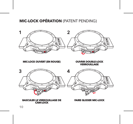 10MIC-LOCK OPÉRATION (PATENT PENDING)MIC-LOCK OUVERT (EN ROUGE) BASCULER LE VERROUILLAGE DE CAM-LOCKOUVRIR DOUBLE-LOCK VERROUILLAGE FAIRE GLISSER MIC-LOCK 1 234