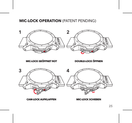 25MIC-LOCK OPERATION (PATENT PENDING)MIC-LOCK GEÖFFNET ROT CAM-LOCK AUFKLAPPENDOUBLE-LOCK ÖFFNEN MIC-LOCK SCHIEBEN 1 234