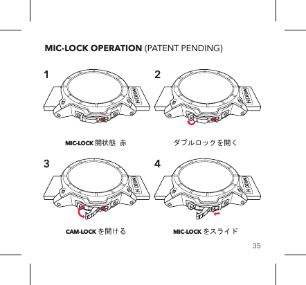 35MIC-LOCK OPERATION (PATENT PENDING)MIC-LOCK 開状態 赤CAM-LOCK を開けるダブルロックを開く MIC-LOCK をスライド 1 234