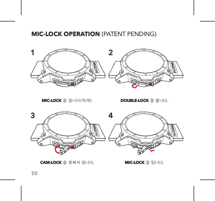 50MIC-LOCK OPERATION (PATENT PENDING)MIC-LOCK 을 엽니다(적색).CAM-LOCK 을 젖혀서 엽니다.DOUBLE-LOCK 을 풉니다.MIC-LOCK 을 밉니다.1 234