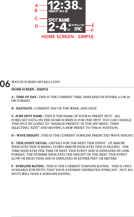 HOME SCREEN - SIMPLEA - TIME OF DAY : THIS IS THE CURRENT TIME, DISPLAYED IN EITHER 12 OR 24 HR FORMAT.B - DAY/DATE : CURRENT DAY OF THE WEEK, AND DATEC- SURF SPOT NAME : THIS IS THE NAME OF YOUR #1 PRESET SPOT - ALL FORECAST DATA ON THE HOME SCREEN IS FOR THIS SPOT. YOU CAN CHANGE THIS SPOT BY GOING TO “MANAGE PRESETS” IN THE APP MENU, THEN SELECTING “EDIT” AND MOVING A NEW PRESET TO THE #1 POSITION.D - WAVE HEIGHT : THIS IS THE CURRENT SURFLINE PREDICTED WAVE HEIGHT.E - TIDE EVENT DETAIL : DETAILS FOR THE NEXT TIDE EVENT.  UP ARROW INDICATES TIDE IS RISING, DOWN ARROW INDICATES TIDE IS FALLING.  THE TIME INDICATES THE TIME OF NEXT TIDE EVENT AND IS DISPLAYED IN 12HR FORMAT, THE NUMBER INDICATES THE HEIGHT OF THE NEXT TIDE EVENT (LOW OR HIGH TIDE) AND IS DISPLAYED IN EITHER FEET OR METERS.F - SURFLINE RATING : THIS IS THE CURRENT SURFLINE RATING.  THIS IS ONLY AVAILABLE FOR SPOTS THAT HAVE A HUMAN GENERATED FORECAST.  NOT ALL SPOTS WILL HAVE A SURFLINE RATING.HOME SCREEN - SIMPLEFECBDA06 WATCH SCREEN DETAILS CONT.
