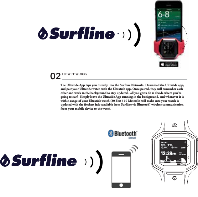 e Ultratide App taps you directly into the Surine Network.  Download the Ultratide app, and pair your Ultratide watch with the Ultratide app. Once paired, they will remember each other and work in the background to stay updated - all you gotta do is decide where you’re going to surf.  Simply leave the Ultratide App running in the background, and whenever it is within range of your Ultratide watch (30 Feet / 10 Meters)it will make sure your watch is updated with the freshest info available from Surine via Bluetooh® wireless communication from your mobile device to the watch.  02 HOW IT WORKS