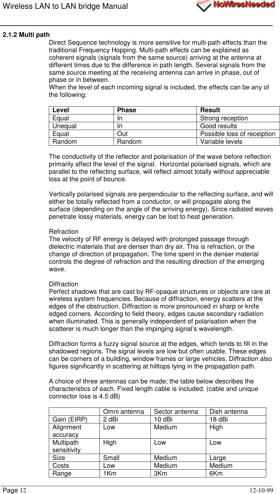 Wireless LAN to LAN bridge ManualPage 12 12-10-992.1.2 Multi pathDirect Sequence technology is more sensitive for multi-path effects than thetraditional Frequency Hopping. Multi-path effects can be explained ascoherent signals (signals from the same source) arriving at the antenna atdifferent times due to the difference in path length. Several signals from thesame source meeting at the receiving antenna can arrive in phase, out ofphase or in between.When the level of each incoming signal is included, the effects can be any ofthe following:Level Phase ResultEqual In Strong receptionUnequal In Good resultsEqual Out Possible loss of receiptionRandom Random Variable levelsThe conductivity of the reflector and polarisation of the wave before reflectionprimarily affect the level of the signal.  Horizontal polarised signals, which areparallel to the reflecting surface, will reflect almost totally without appreciableloss at the point of bounce.Vertically polarised signals are perpendicular to the reflecting surface, and willeither be totally reflected from a conductor, or will propagate along thesurface (depending on the angle of the arriving energy). Since radiated wavespenetrate lossy materials, energy can be lost to heat generation.RefractionThe velocity of RF energy is delayed with prolonged passage throughdielectric materials that are denser than dry air. This is refraction, or thechange of direction of propagation. The time spent in the denser materialcontrols the degree of refraction and the resulting direction of the emergingwave.DiffractionPerfect shadows that are cast by RF-opaque structures or objects are rare atwireless system frequencies. Because of diffraction, energy scatters at theedges of the obstruction. Diffraction is more pronounced in sharp or knifeedged corners. According to field theory, edges cause secondary radiationwhen illuminated. This is generally independent of polarisation when thescatterer is much longer than the impinging signal’s wavelength.Diffraction forms a fuzzy signal source at the edges, which tends to fill in theshadowed regions. The signal levels are low but often usable. These edgescan be corners of a building, window frames or large vehicles. Diffraction alsofigures significantly in scattering at hilltops lying in the propagation path.A choice of three antennas can be made; the table below describes thecharacteristics of each. Fixed length cable is included. (cable and uniqueconnector loss is 4.5 dB)Omni antenna Sector antenna Dish antennaGain (EIRP) 2 dBi 10 dBi 18 dBiAlignmentaccuracy Low Medium HighMultipathsensitivity High Low LowSize Small Medium LargeCosts Low Medium MediumRange 1Km 3Km 6Km