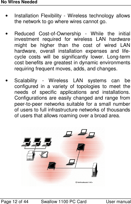 No Wires NeededPage 12 of 44 Swallow 1100 PC Card User manual •  Installation Flexibility - Wireless technology allowsthe network to go where wires cannot go. •  Reduced Cost-of-Ownership - While the initialinvestment required for wireless LAN hardwaremight be higher than the cost of wired LANhardware, overall installation expenses and life-cycle costs will be significantly lower. Long-termcost benefits are greatest in dynamic environmentsrequiring frequent moves, adds, and changes. •  Scalability - Wireless LAN systems can beconfigured in a variety of topologies to meet theneeds of specific applications and installations.Configurations are easily changed and range frompeer-to-peer networks suitable for a small numberof users to full infrastructure networks of thousandsof users that allows roaming over a broad area.