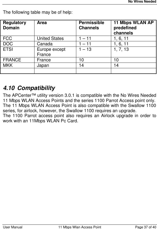   No Wires Needed User Manual 11 Mbps Wlan Access Point Page 37 of 40  The following table may be of help:   Regulatory Domain Area Permissible Channels 11 Mbps WLAN AP predefined channels FCC United States 1 – 11 1, 6, 11 DOC Canada 1 – 11 1, 6, 11 ETSI Europe except France 1 – 13 1, 7, 13 FRANCE France 10 10 MKK Japan 14 14            4.10 Compatibility The APCenter™ utility version 3.0.1 is compatible with the No Wires Needed 11 Mbps WLAN Access Points and the series 1100 Parrot Access point only. The 11 Mbps WLAN Access Point is also compatible with the Swallow 1100 series, for airlock, however, the Swallow 1100 requires an upgrade.  The 1100 Parrot access point also requires an Airlock upgrade in order to work with an 11Mbps WLAN Pc Card.  